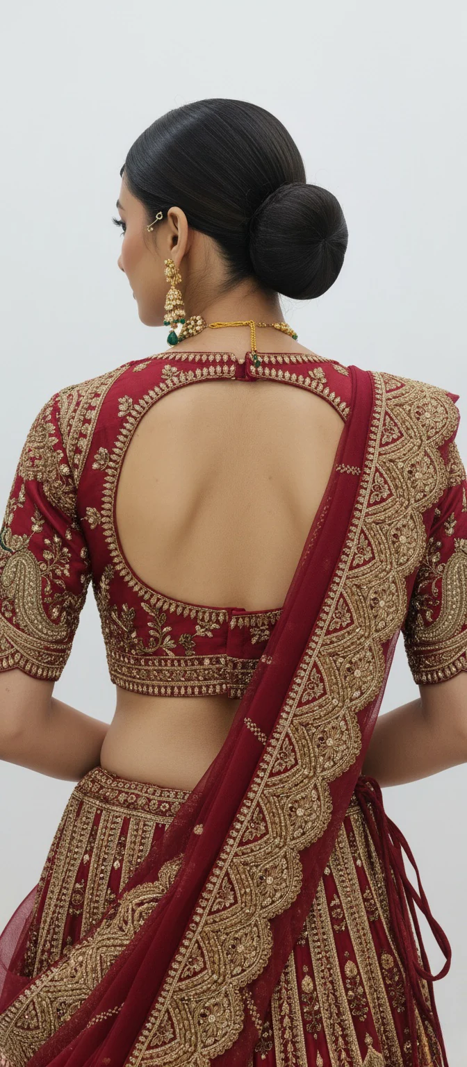 Deep Red Handcrafted Bridal Silk Lehenga with Heavy Zari & Sequins Embroidery - Image 4