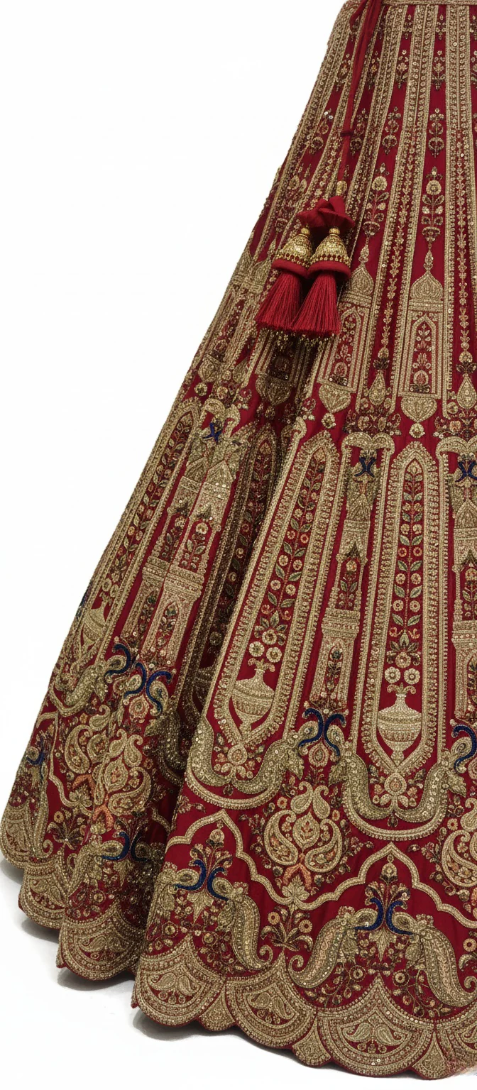 Deep Red Handcrafted Bridal Silk Lehenga with Heavy Zari & Sequins Embroidery - Image 5