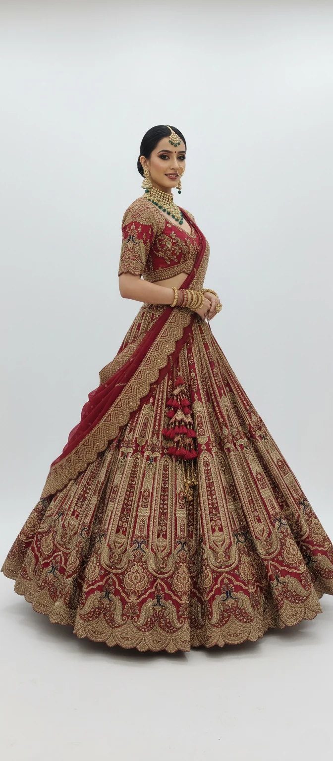 Deep Red Handcrafted Bridal Silk Lehenga with Heavy Zari & Sequins Embroidery - Image 7