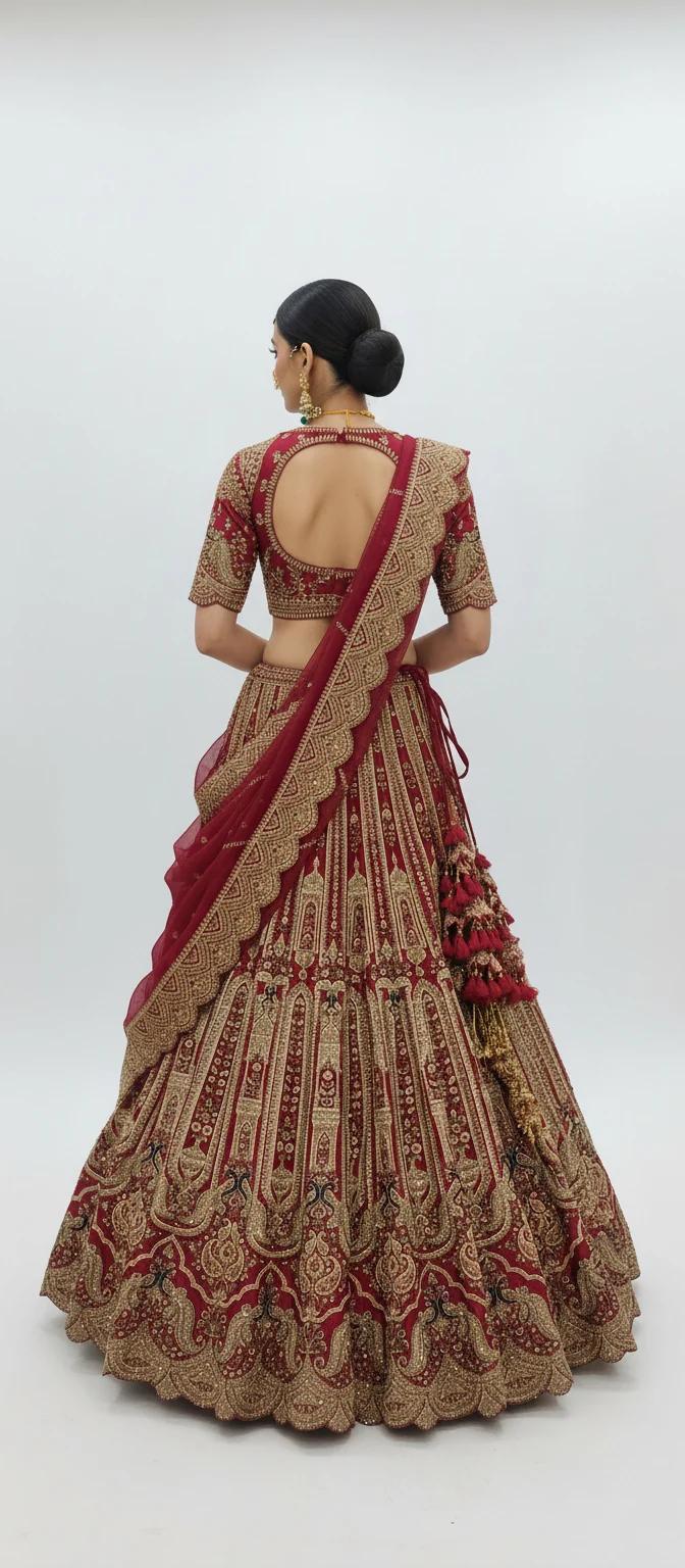 Deep Red Handcrafted Bridal Silk Lehenga with Heavy Zari & Sequins Embroidery - Image 8