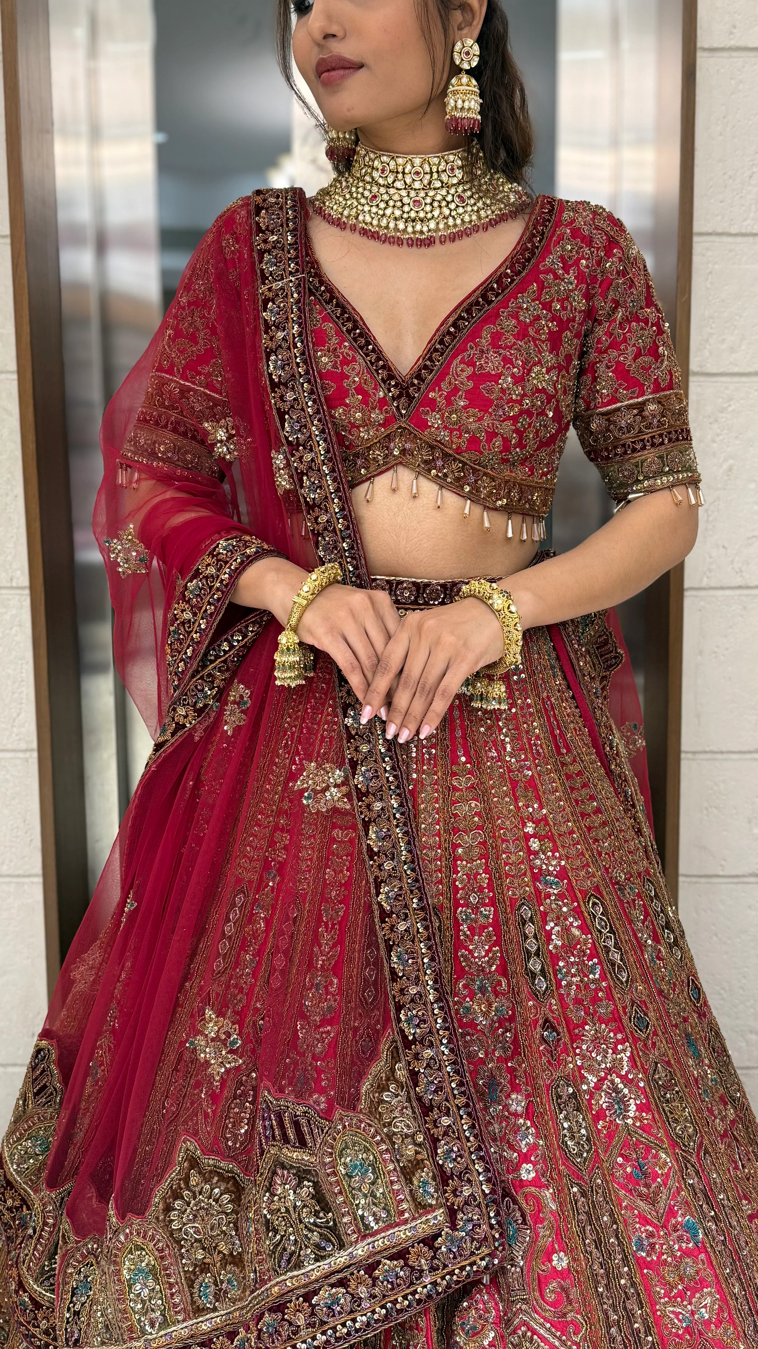 Deep Red Heavy Embroidered Bridal Lehenga Set with Handwork Blouse & Net Dupatta - Image 2