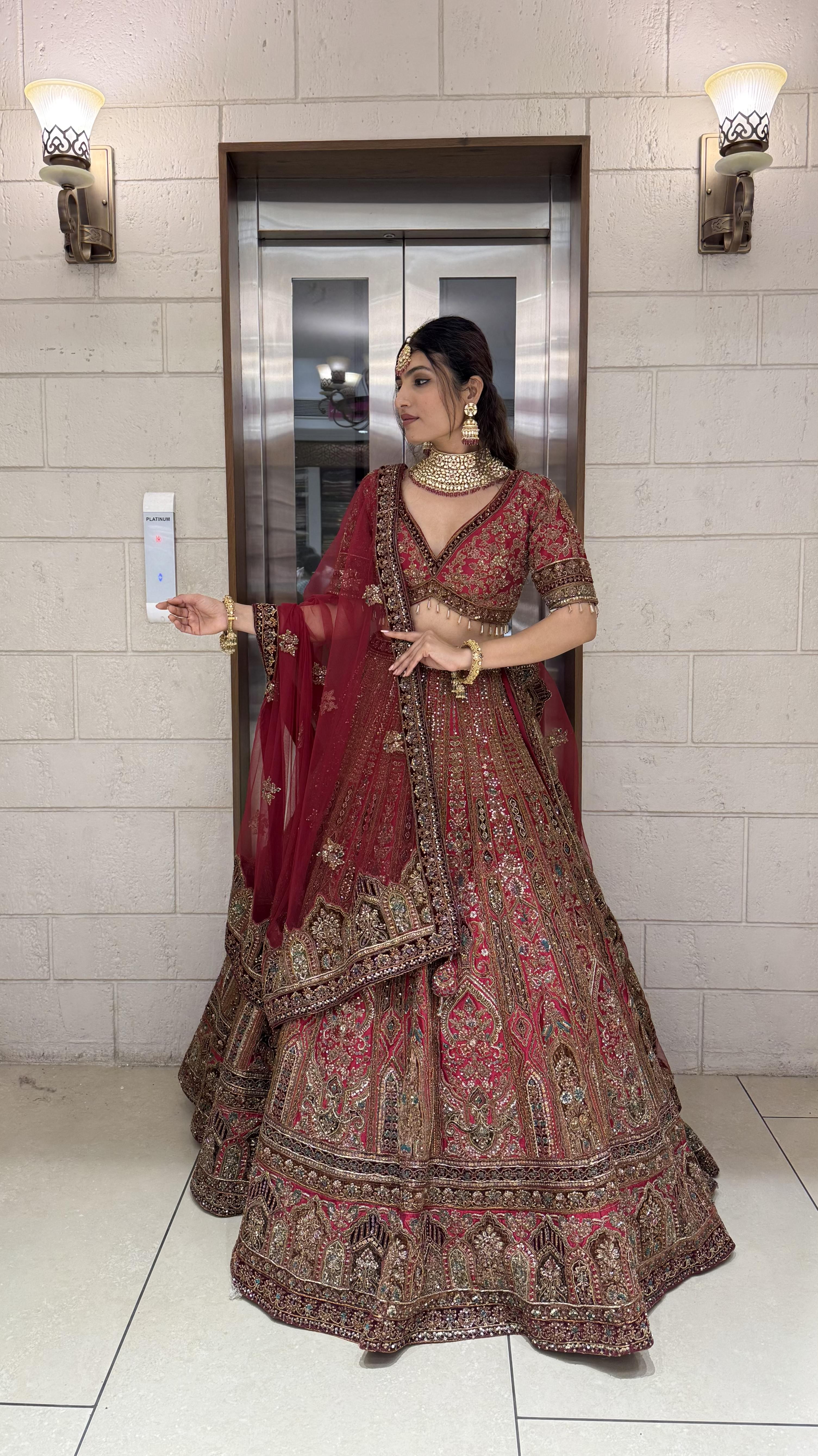 Deep Red Heavy Embroidered Bridal Lehenga Set with Handwork Blouse & Net Dupatta - Image 3