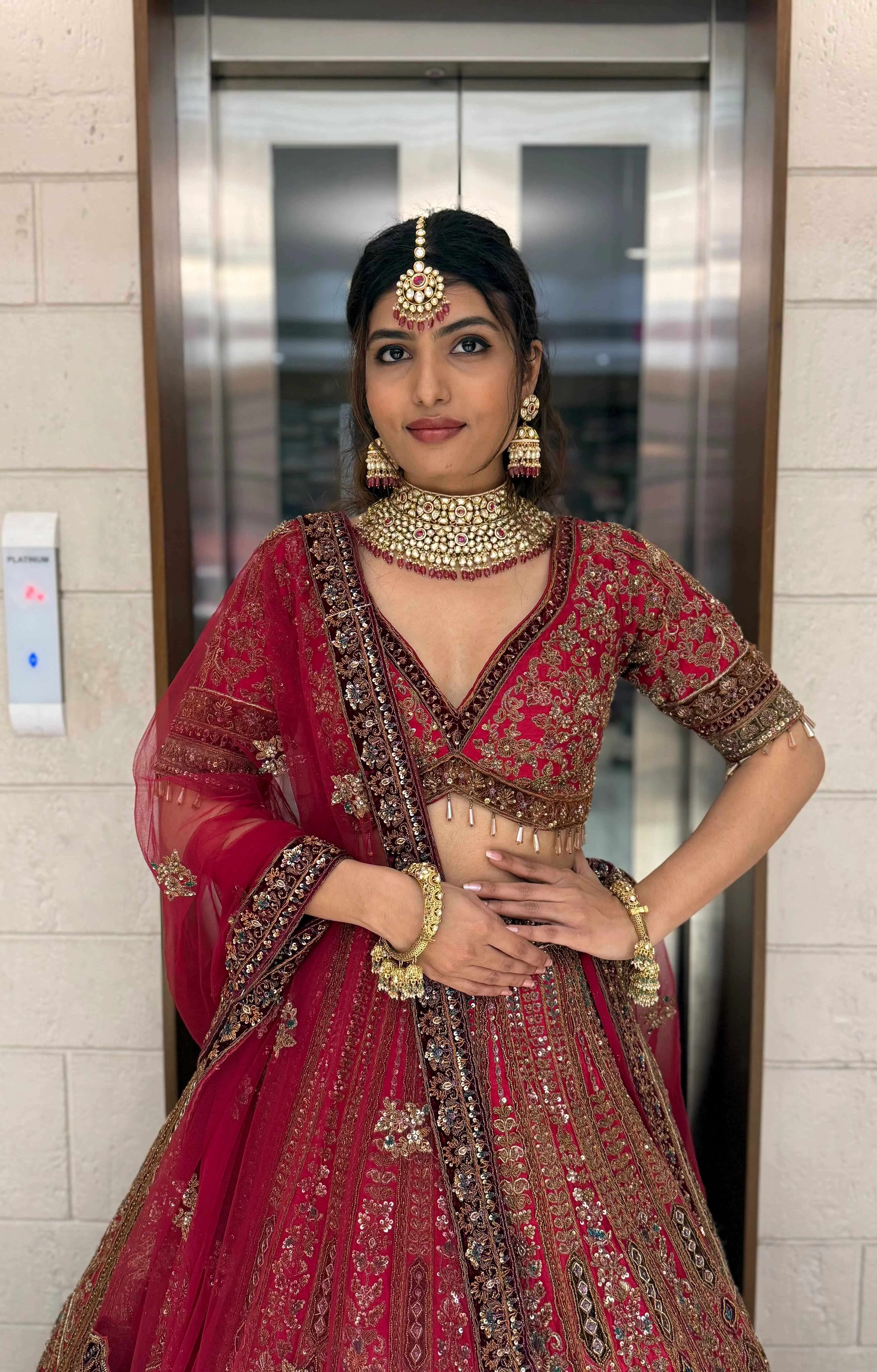 Deep Red Heavy Embroidered Bridal Lehenga Set with Handwork Blouse & Net Dupatta - Image 4