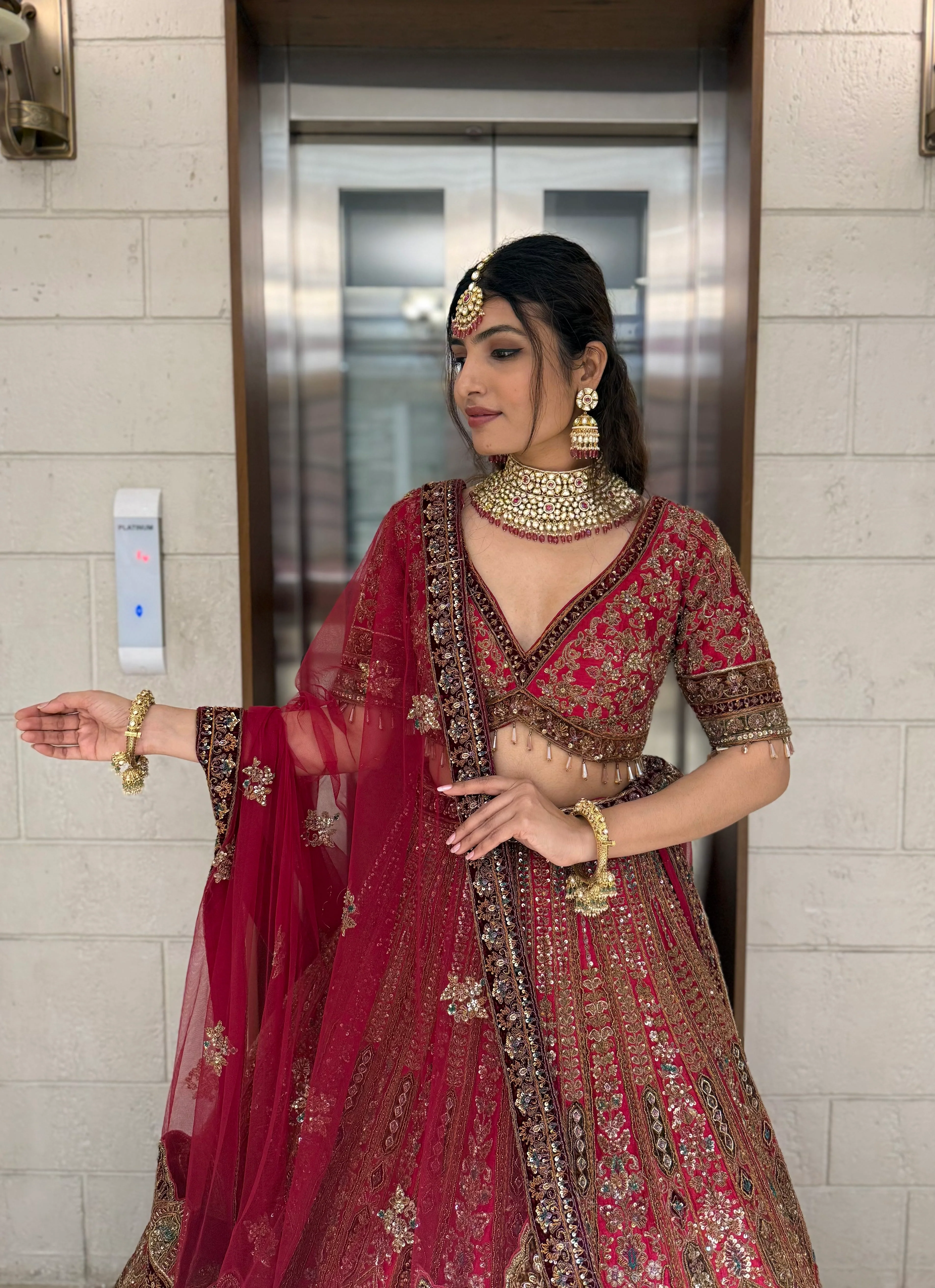 Deep Red Heavy Embroidered Bridal Lehenga Set with Handwork Blouse & Net Dupatta - Image 5