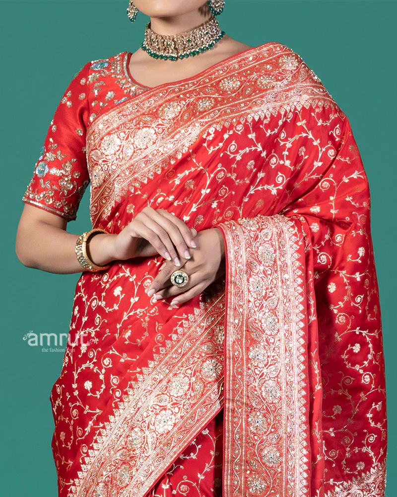 Deep Red Silk Saree with Traditional Floral Embroidery and Stitched Blouse - Image 3