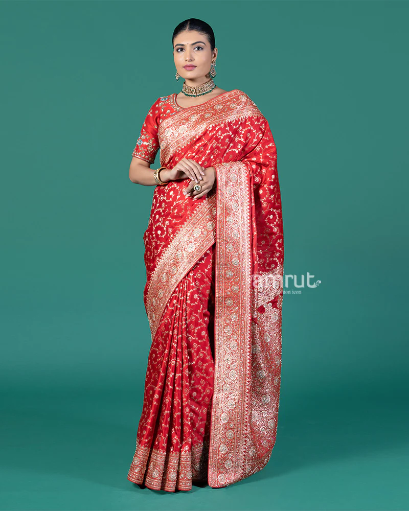 Deep Red Silk Saree with Traditional Floral Embroidery and Stitched Blouse - Image 4