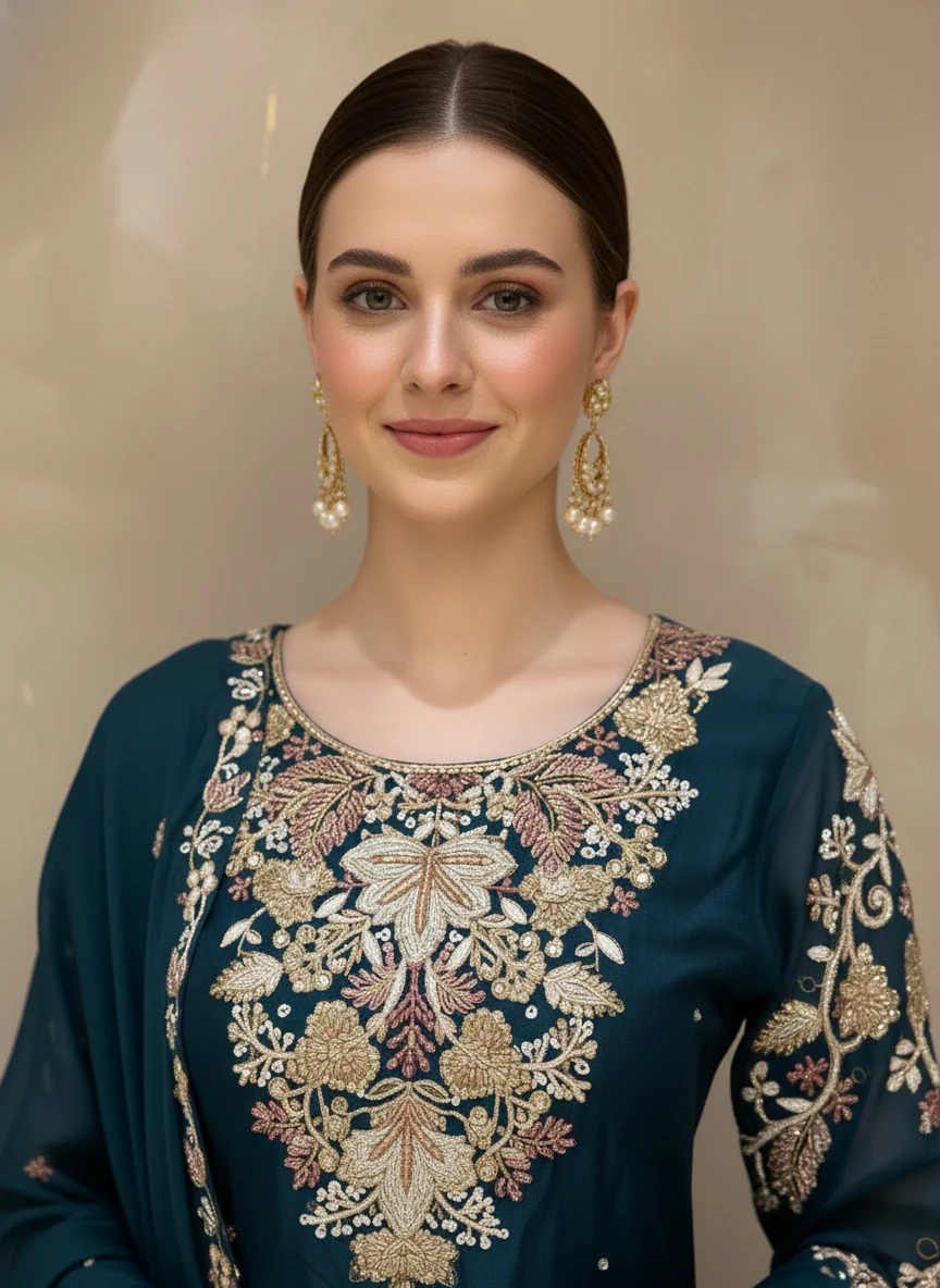 Deep Teal Embroidered Kurta Palazzo Set with Sheer Dupatta - Image 2