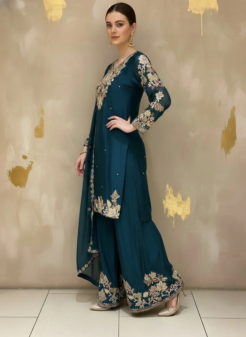 Deep Teal Embroidered Kurta Palazzo Set with Sheer Dupatta - Image 3