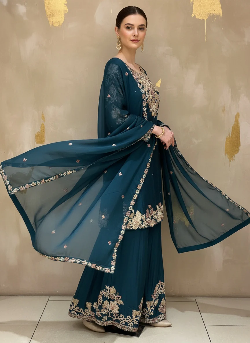 Deep Teal Embroidered Kurta Palazzo Set with Sheer Dupatta - Image 4