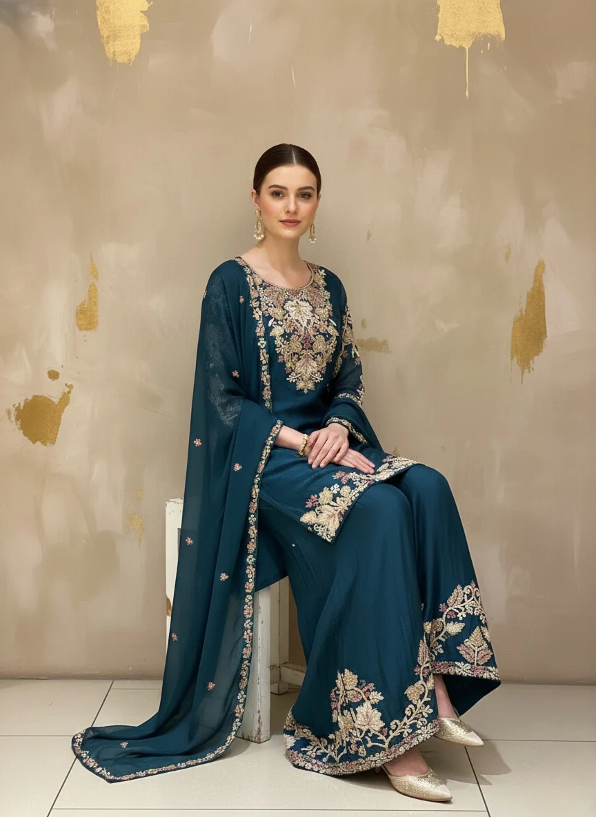 Deep Teal Embroidered Kurta Palazzo Set with Sheer Dupatta - Image 5