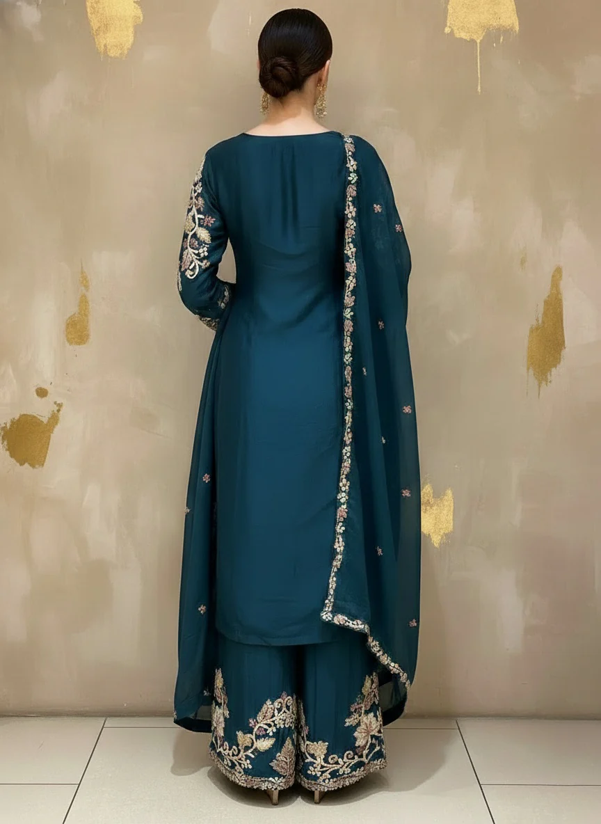Deep Teal Embroidered Kurta Palazzo Set with Sheer Dupatta - Image 6