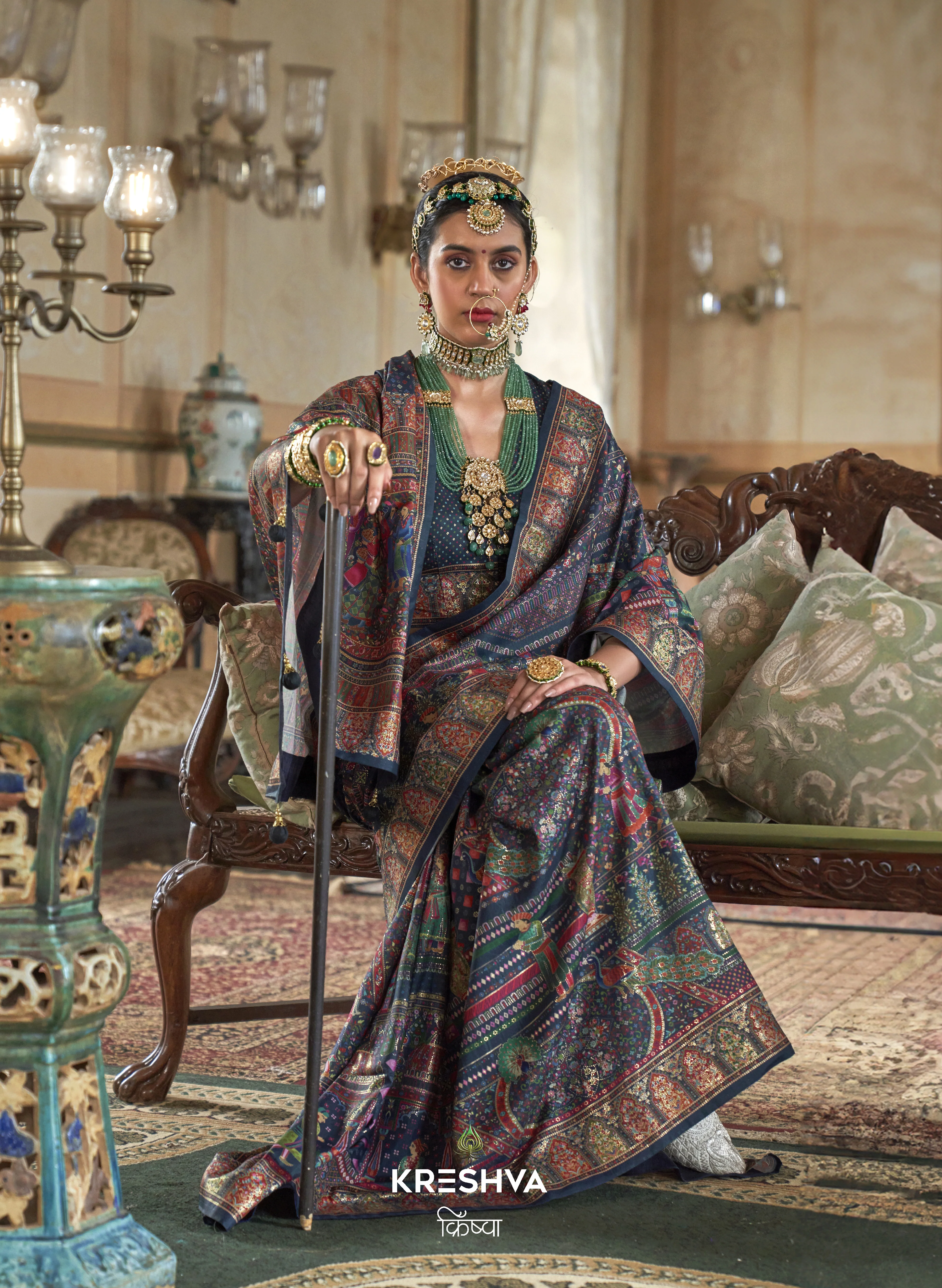 Deep Teal Heritage Pashmina Inspired Designer Saree with Royal Traditional Border - Image 2