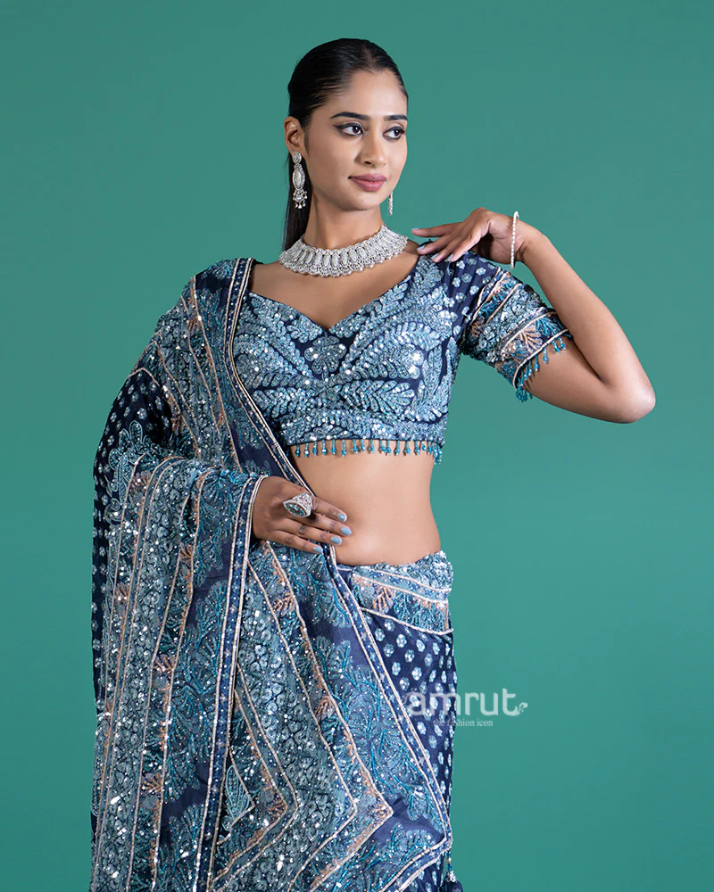 Deep Teal-Navy Blue Embellished Saree with Silver Embroidered Blouse - Image 2