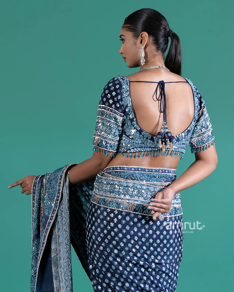 Deep Teal-Navy Blue Embellished Saree with Silver Embroidered Blouse - Image 4