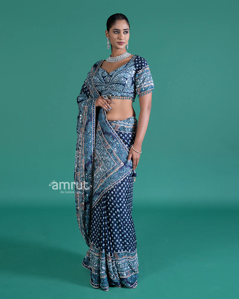 Deep Teal-Navy Blue Embellished Saree with Silver Embroidered Blouse - Image 5