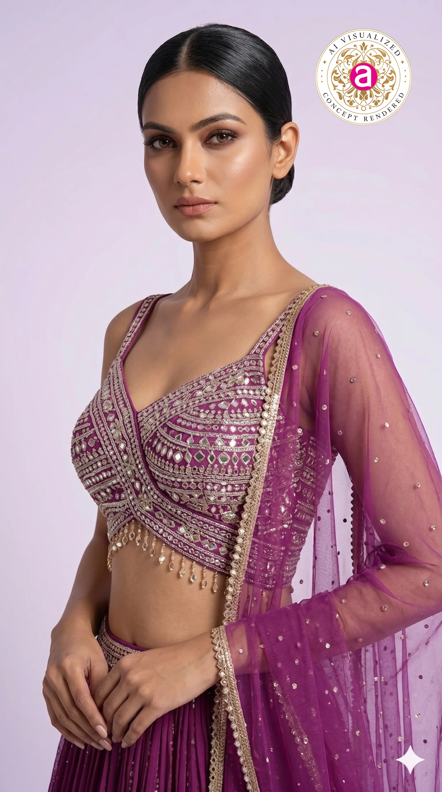 Deep Wine Pleated Lehenga Choli with Embellished Cross Blouse & Sheer Dupatta - Image 2