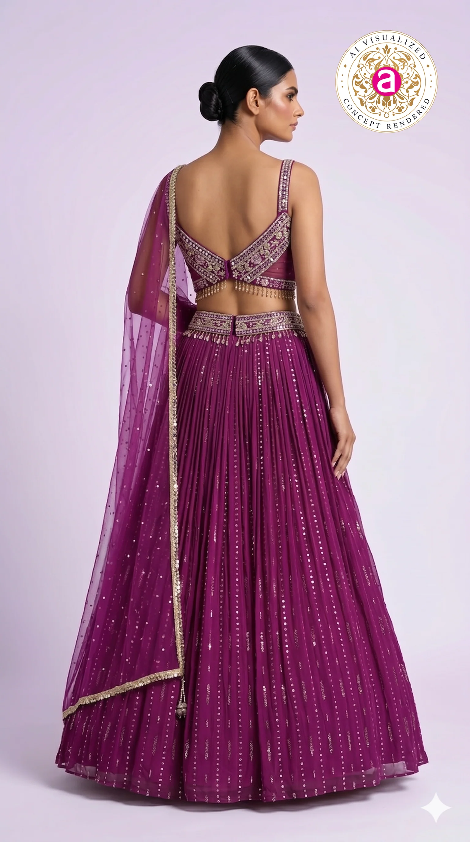 Deep Wine Pleated Lehenga Choli with Embellished Cross Blouse & Sheer Dupatta - Image 3