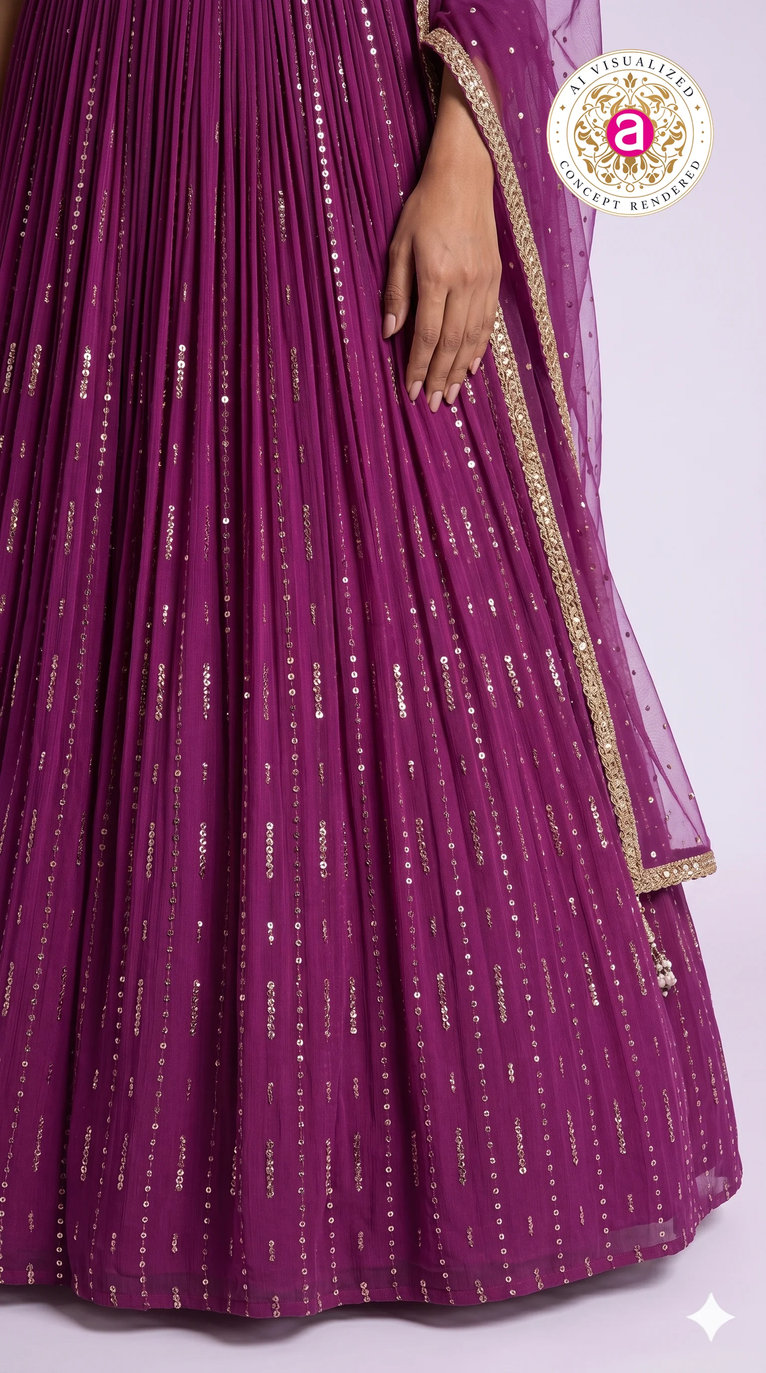 Deep Wine Pleated Lehenga Choli with Embellished Cross Blouse & Sheer Dupatta - Image 4