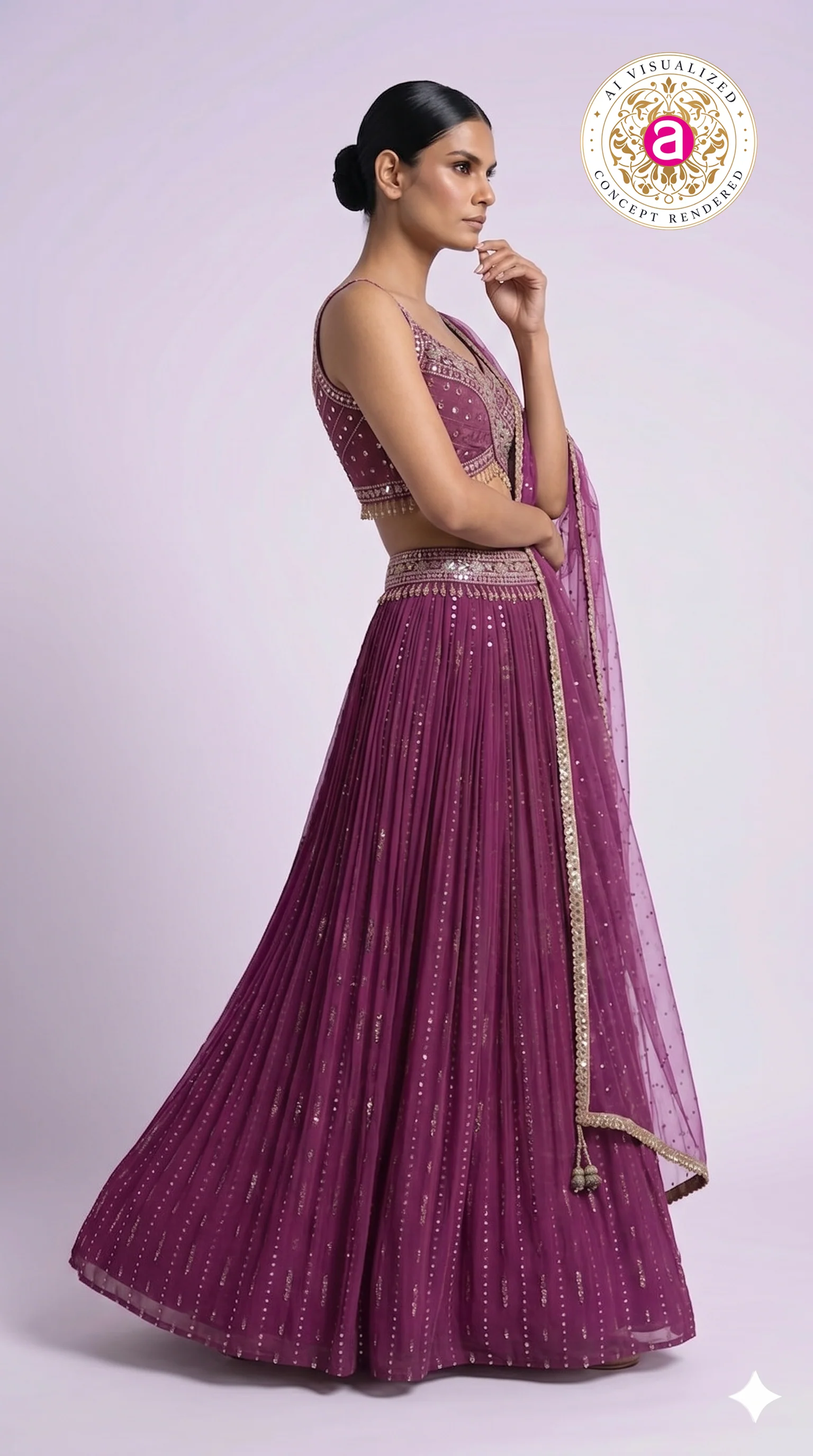 Deep Wine Pleated Lehenga Choli with Embellished Cross Blouse & Sheer Dupatta - Image 5