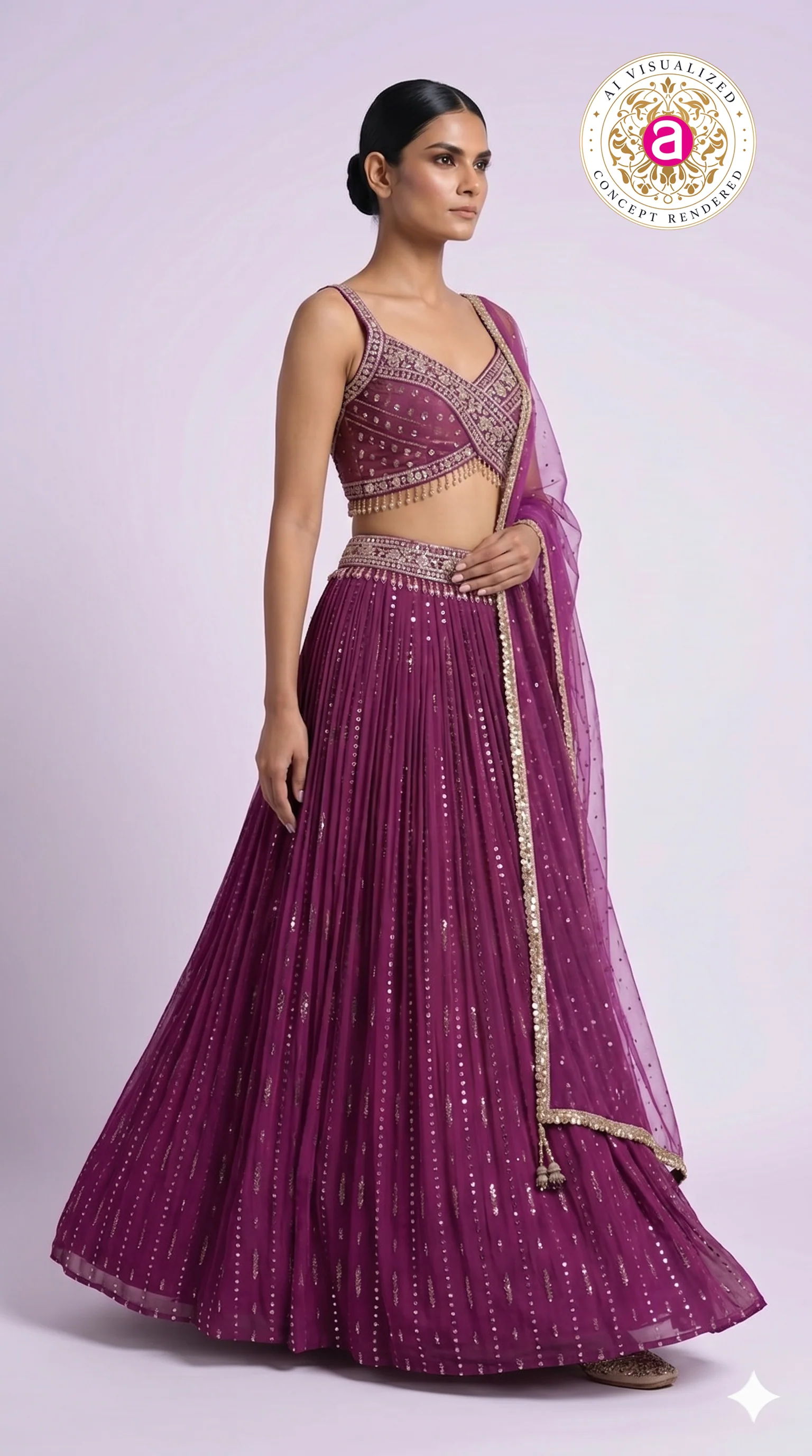 Deep Wine Pleated Lehenga Choli with Embellished Cross Blouse & Sheer Dupatta - Image 6
