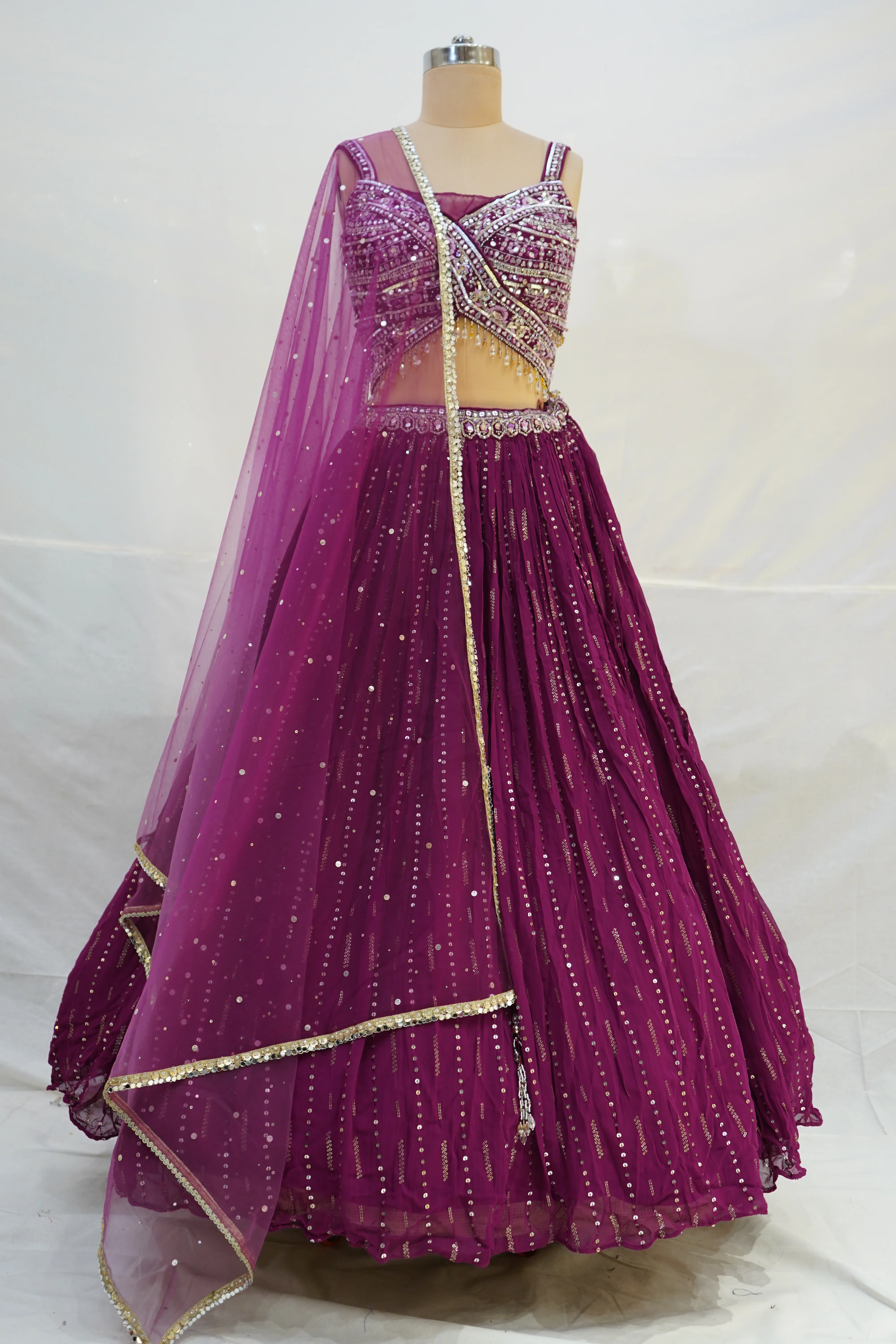 Deep Wine Pleated Lehenga Choli with Embellished Cross Blouse & Sheer Dupatta - Image 7