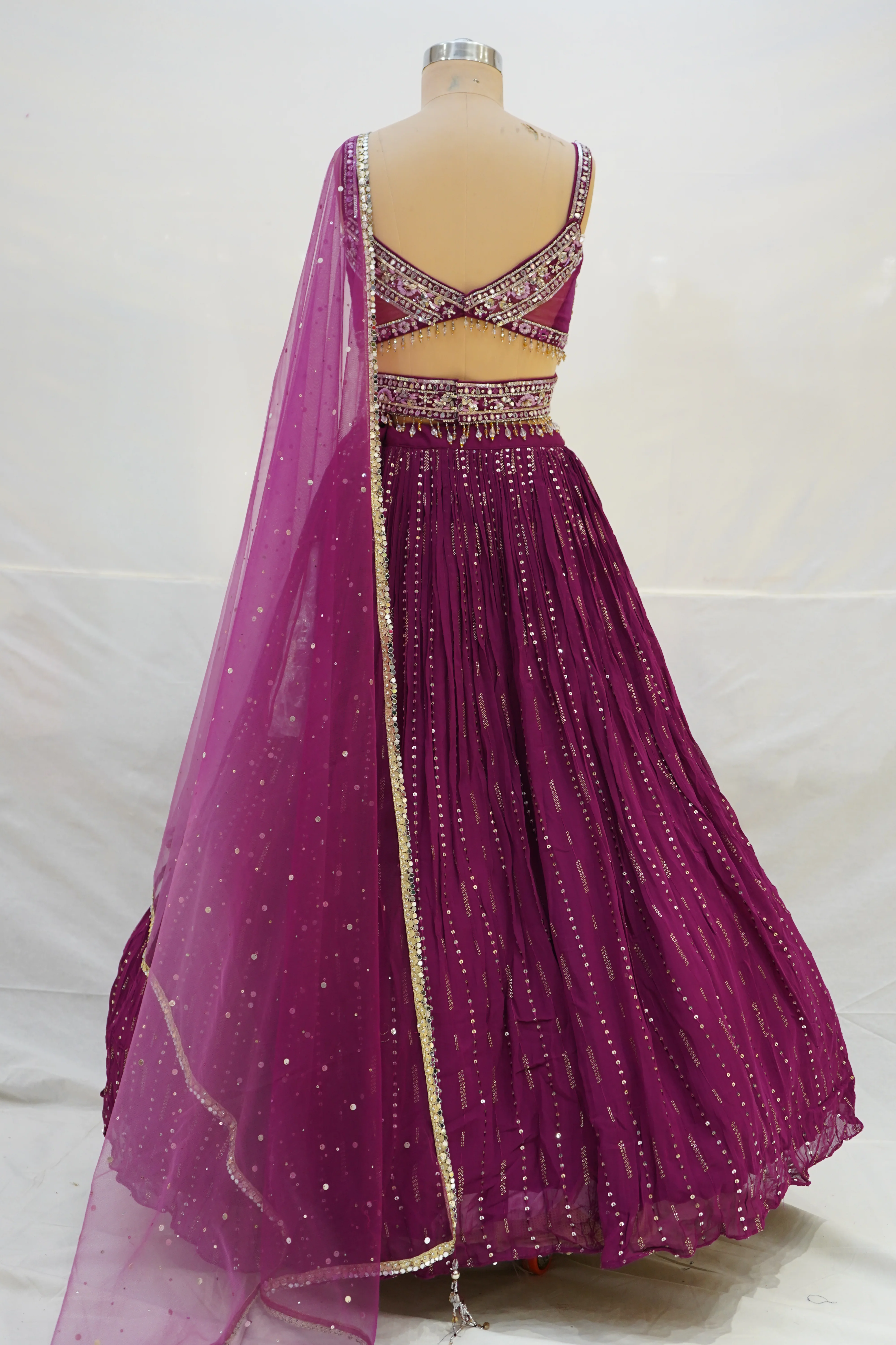 Deep Wine Pleated Lehenga Choli with Embellished Cross Blouse & Sheer Dupatta - Image 8