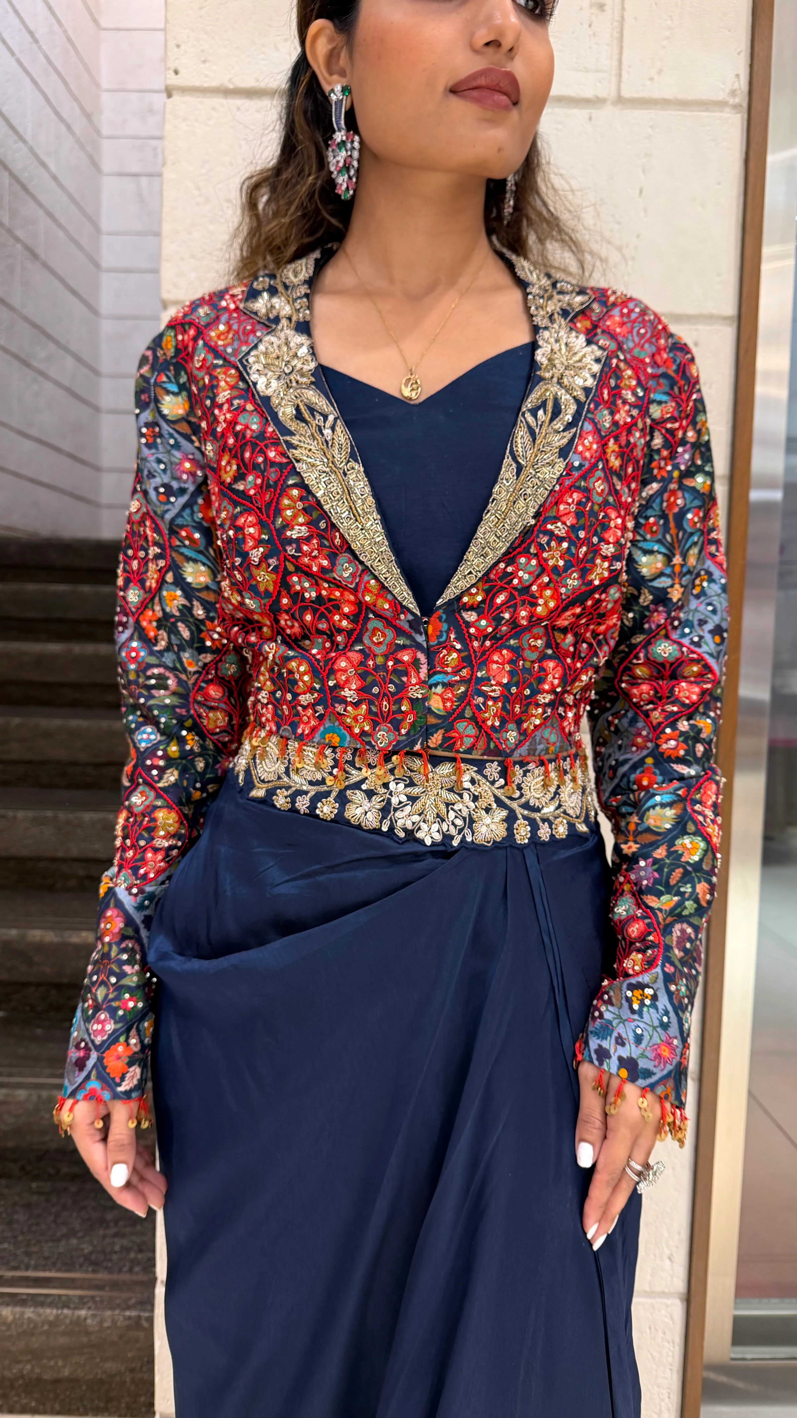 Designer Navy Drape Skirt with Multicolor Embroidered Jacket Set - Image 2
