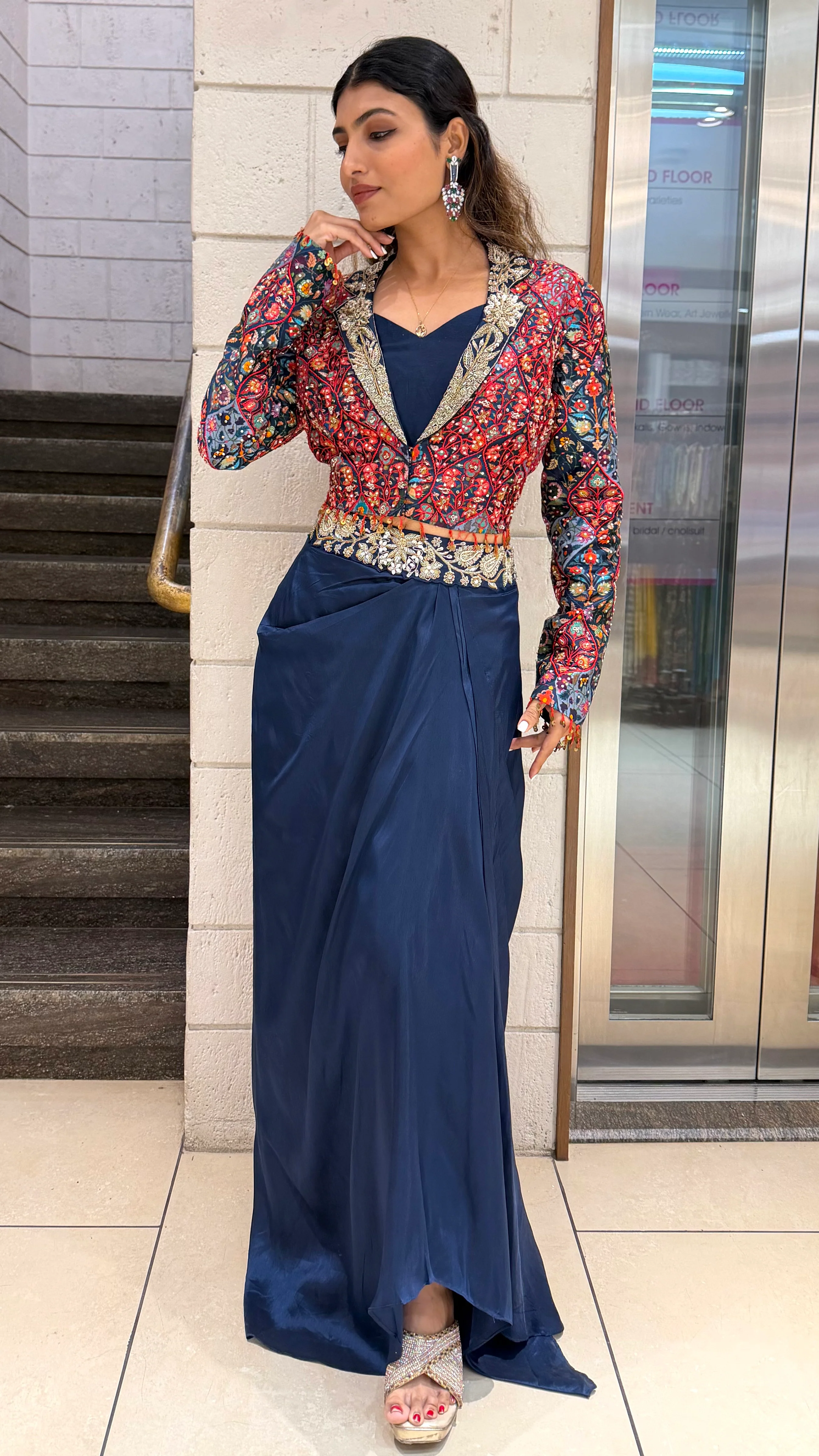 Designer Navy Drape Skirt with Multicolor Embroidered Jacket Set - Image 3