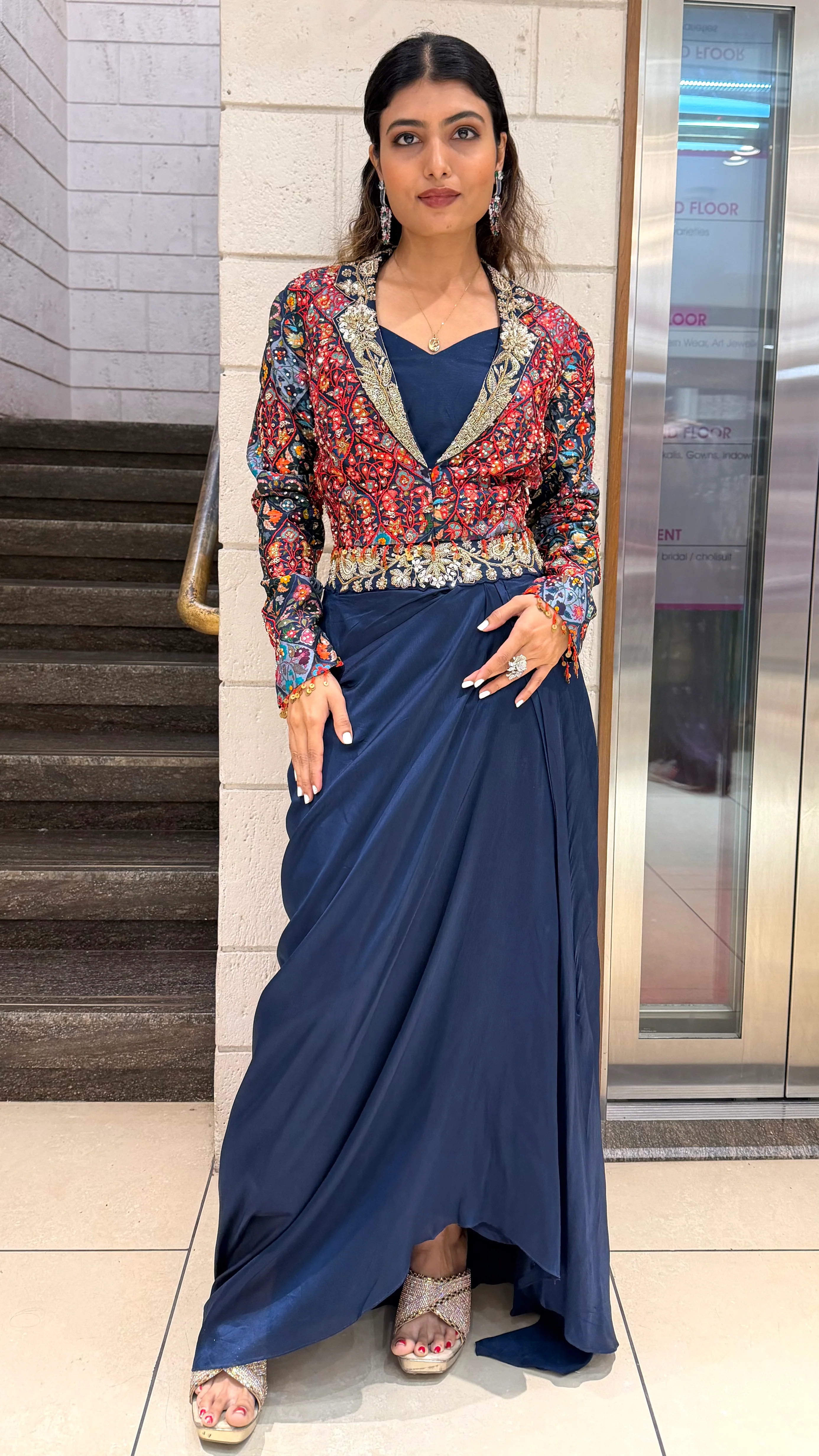 Designer Navy Drape Skirt with Multicolor Embroidered Jacket Set - Image 4
