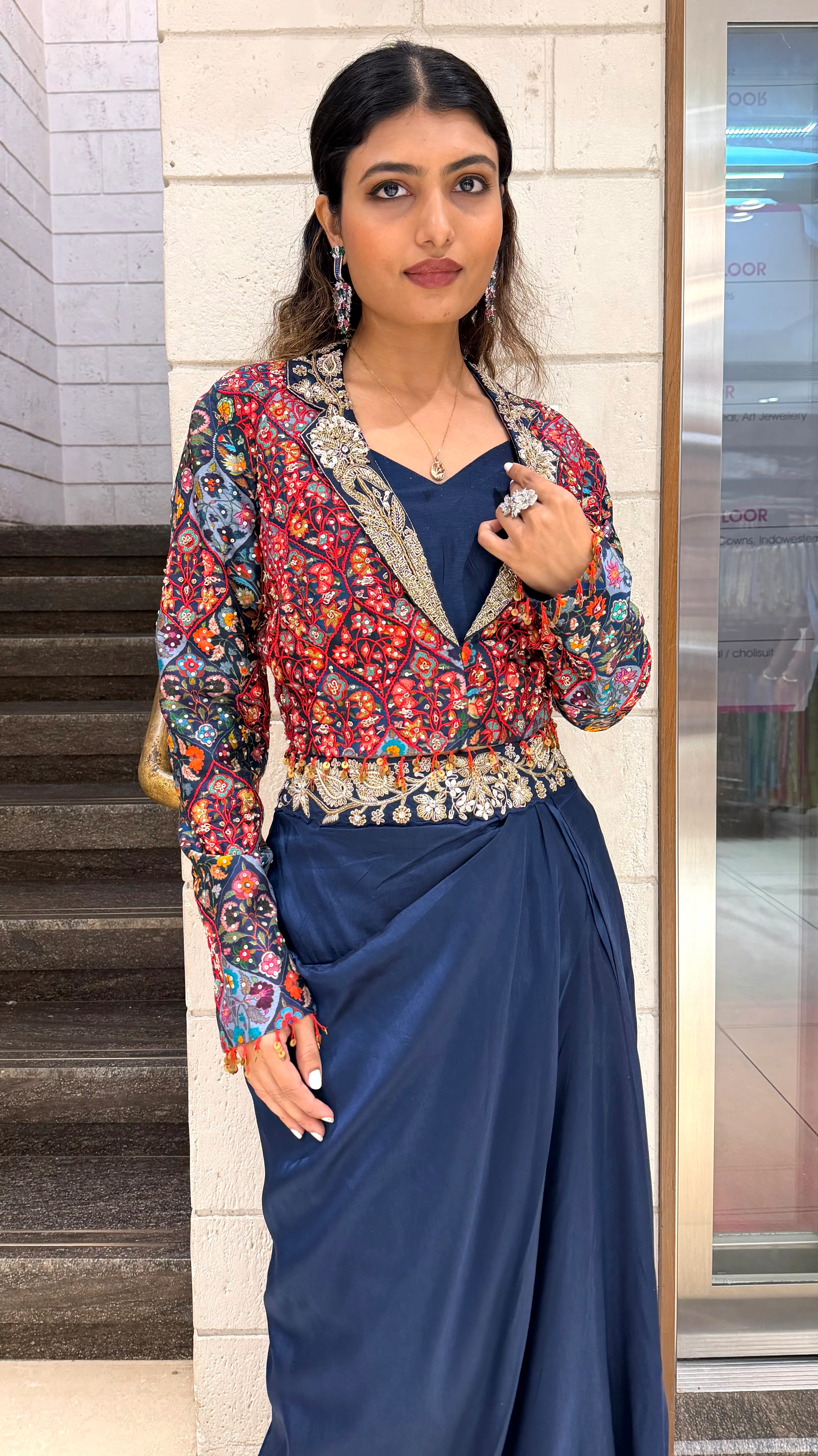 Designer Navy Drape Skirt with Multicolor Embroidered Jacket Set - Image 5