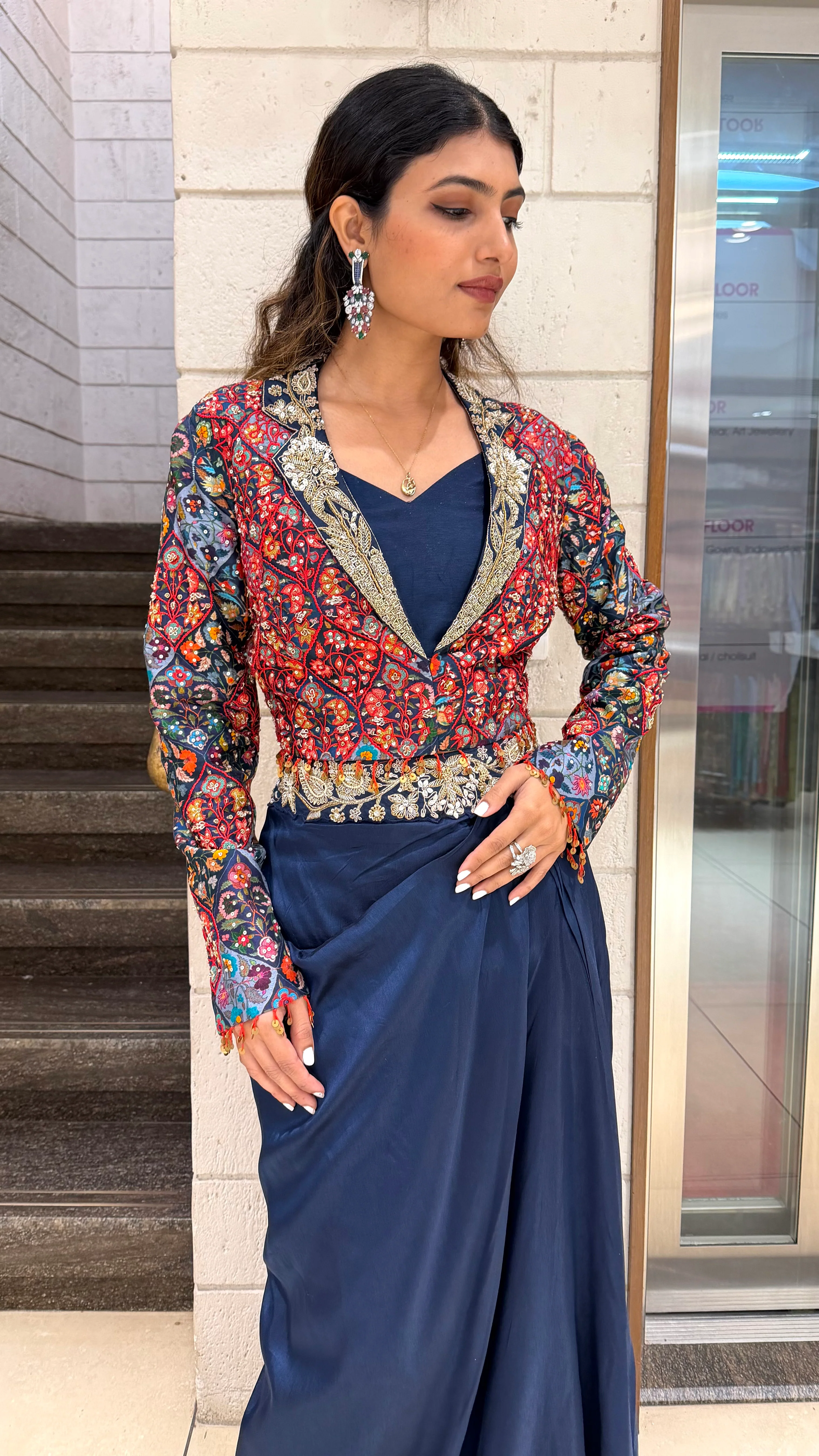 Designer Navy Drape Skirt with Multicolor Embroidered Jacket Set - Image 6