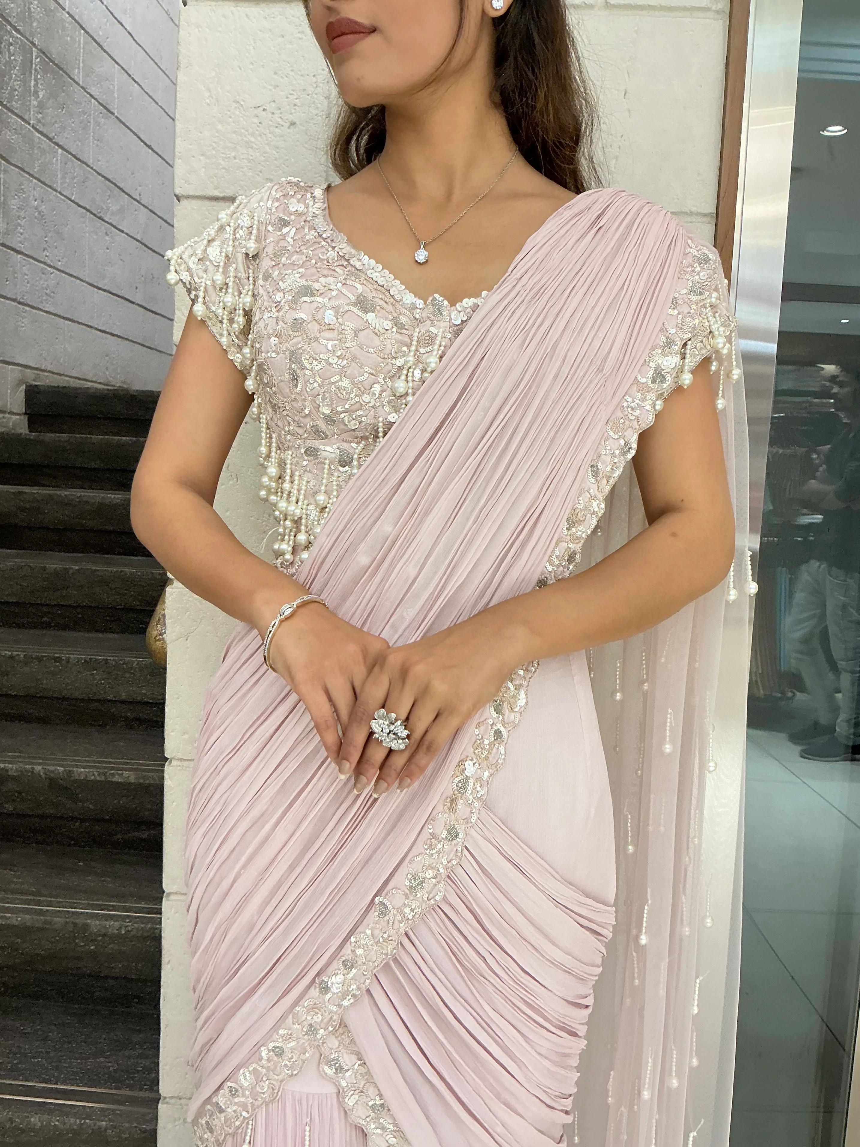 Designer Pearl Drape Ready-to-Wear Saree with Embellished Blouse – Blush Pink - Image 2