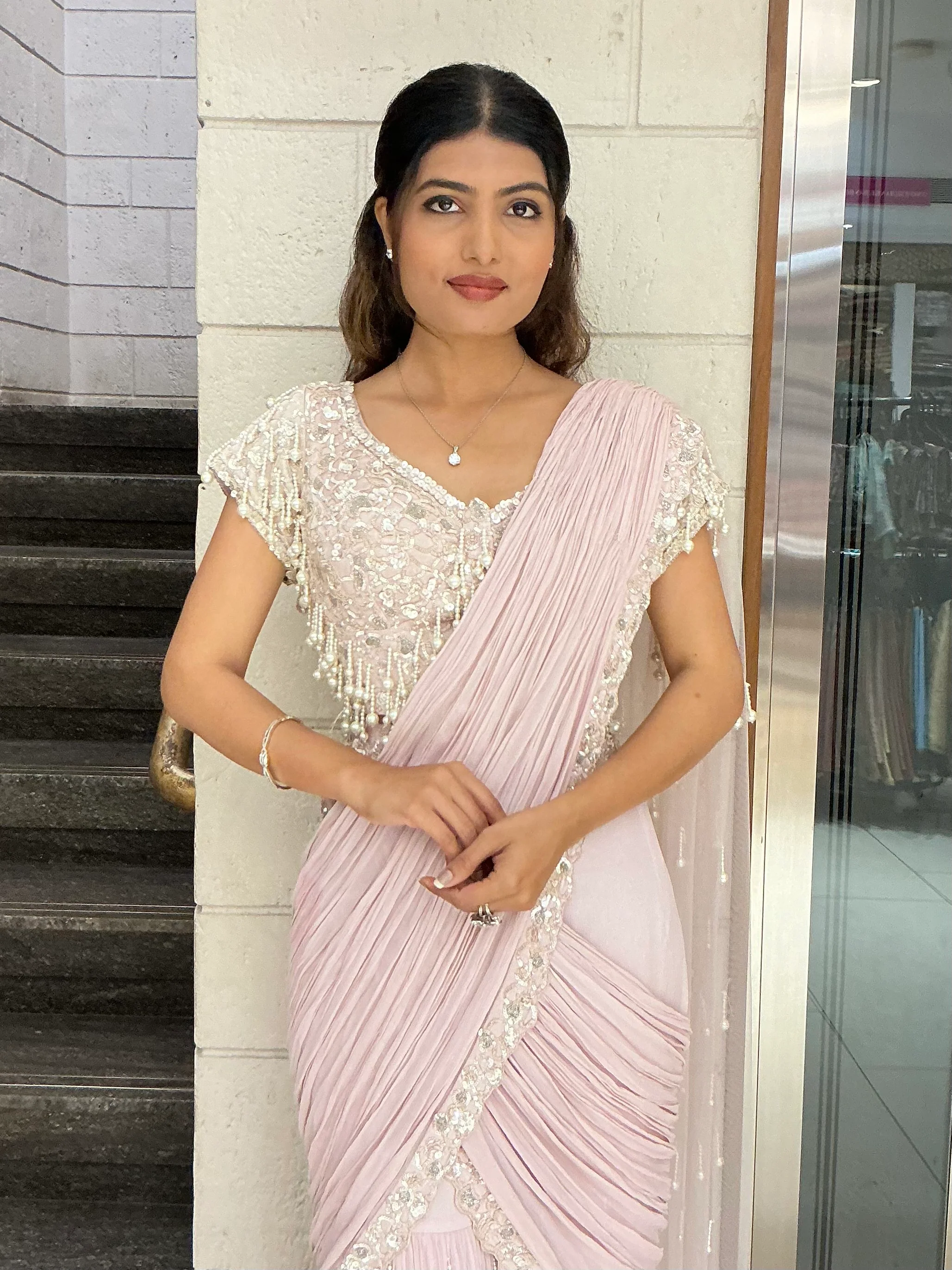 Designer Pearl Drape Ready-to-Wear Saree with Embellished Blouse – Blush Pink - Image 4