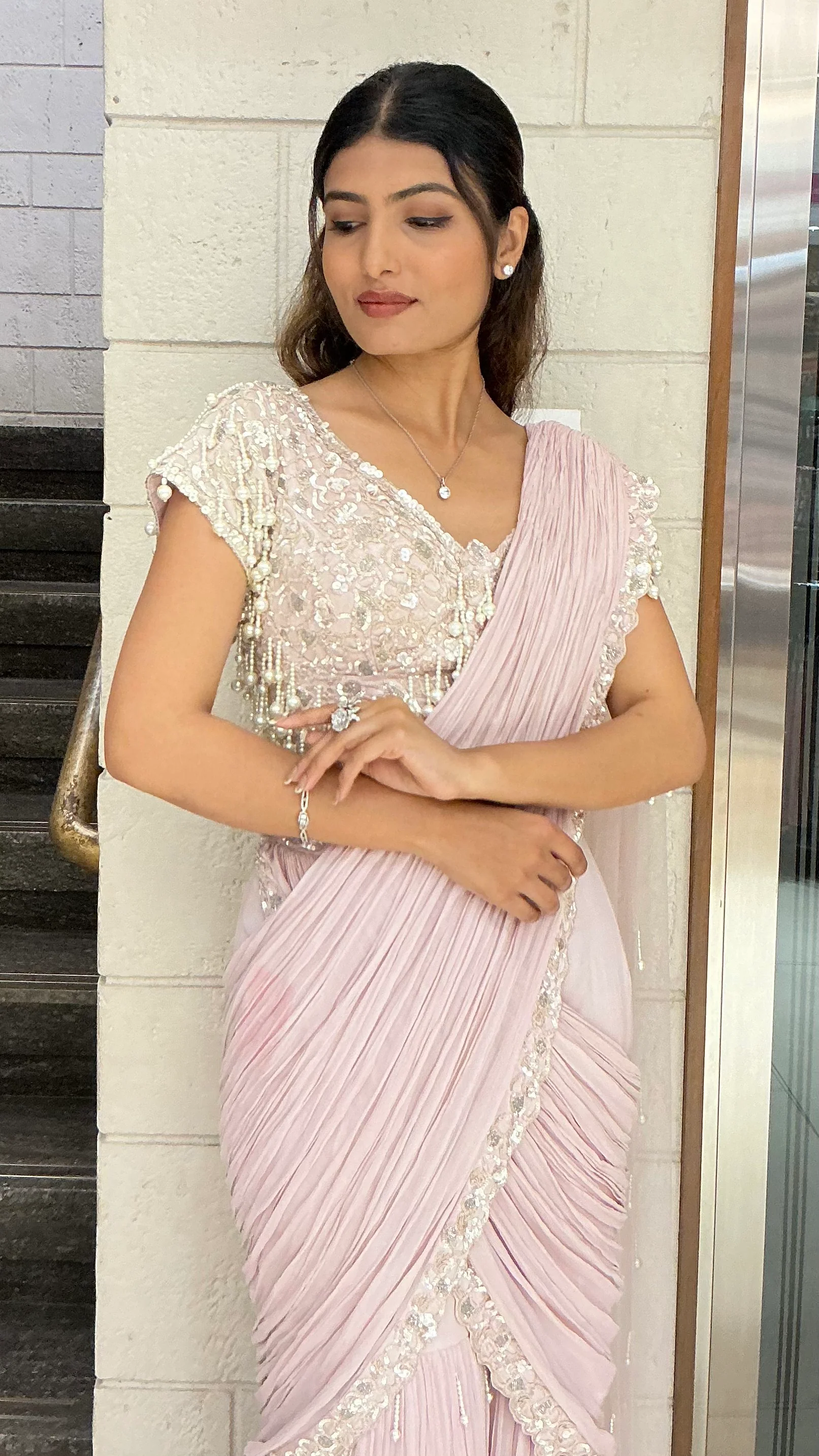Designer Pearl Drape Ready-to-Wear Saree with Embellished Blouse – Blush Pink - Image 5