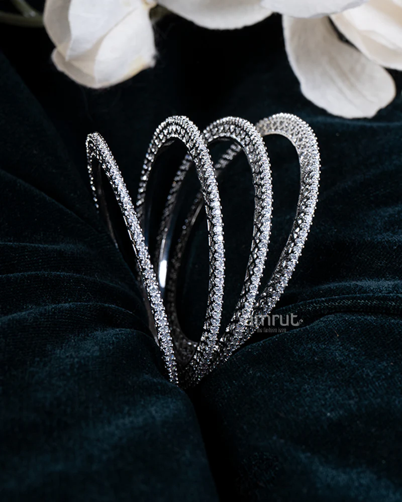 Diamond-Studded Silver Four Bangle Set - Image 2