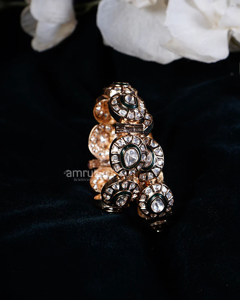 Diamonds and Emerald Stones Gold-Toned Bangle Set - Image 2