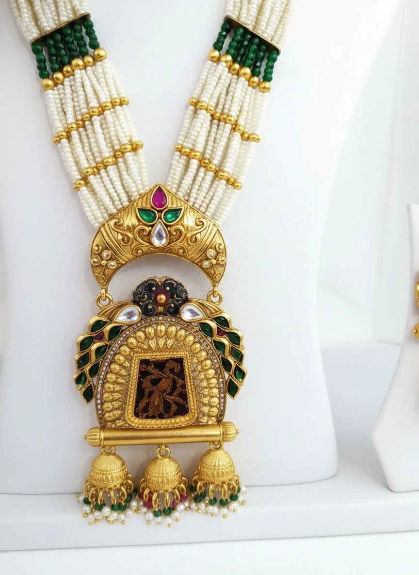 Divine Antique Temple Necklace Set with Pearls & Ruby Beads - Image 3