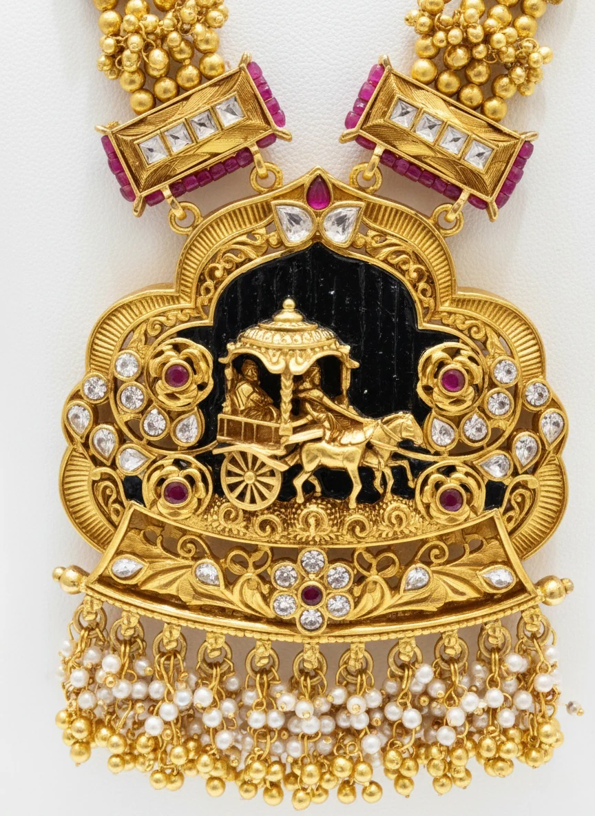 Divine Heritage Temple Necklace Set with Chariot Motif – Ruby, Pearl & Emerald Grand Bridal Jewelry - Image 3