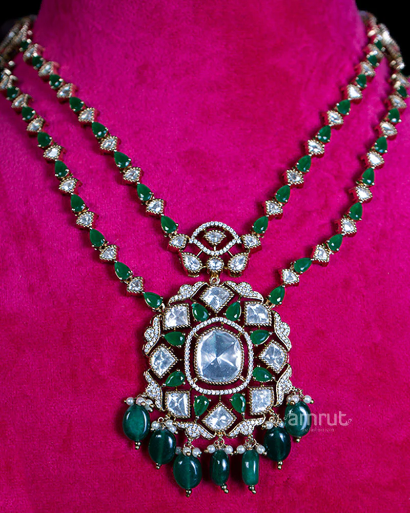 Double-Strand Emerald Green Gemstone with Geometric Pendant, Pearl Accents, and Earrings Necklace - Image 2