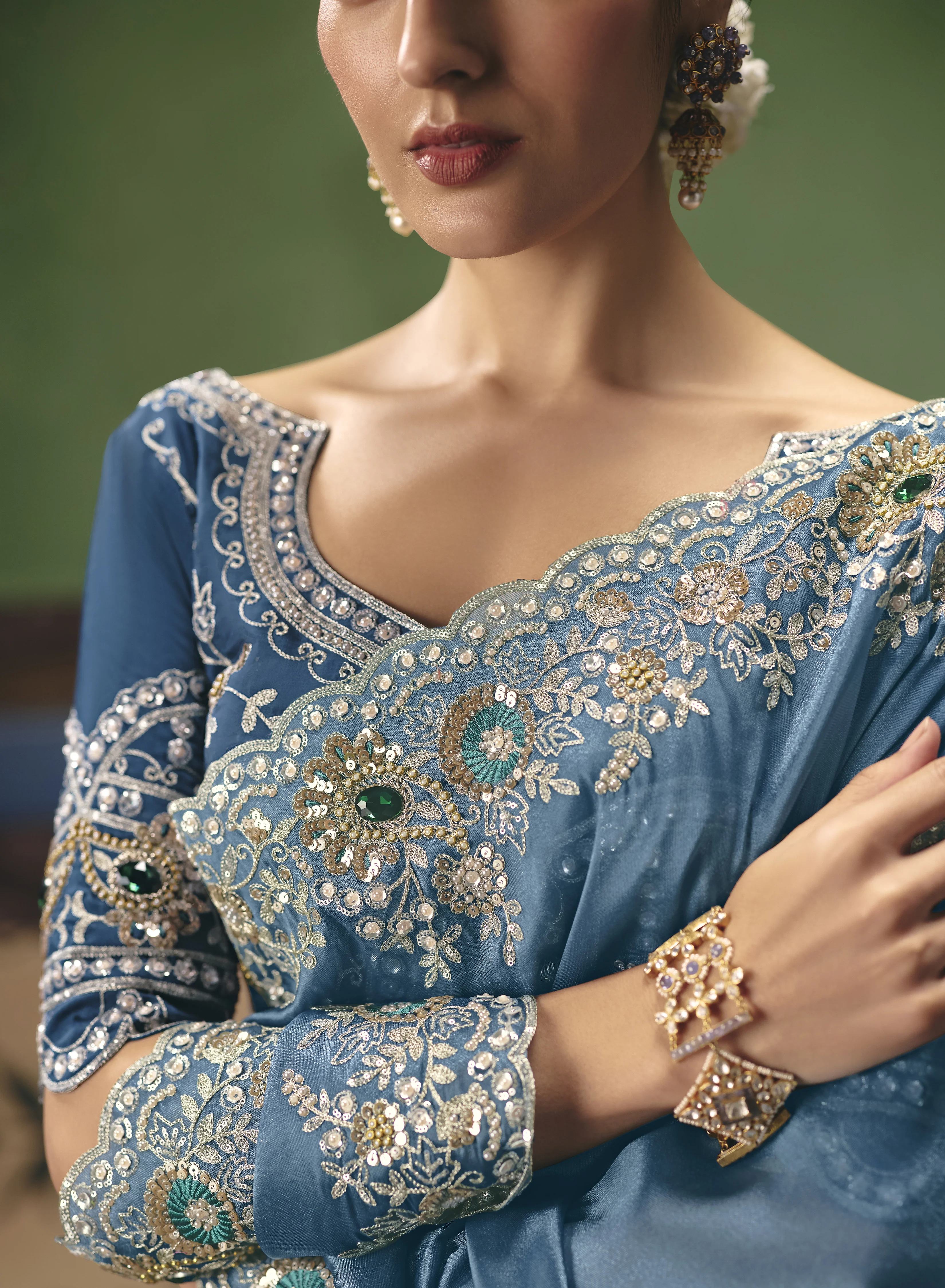 Dusty Blue Designer Embroidered Saree with Blouse - Image 2