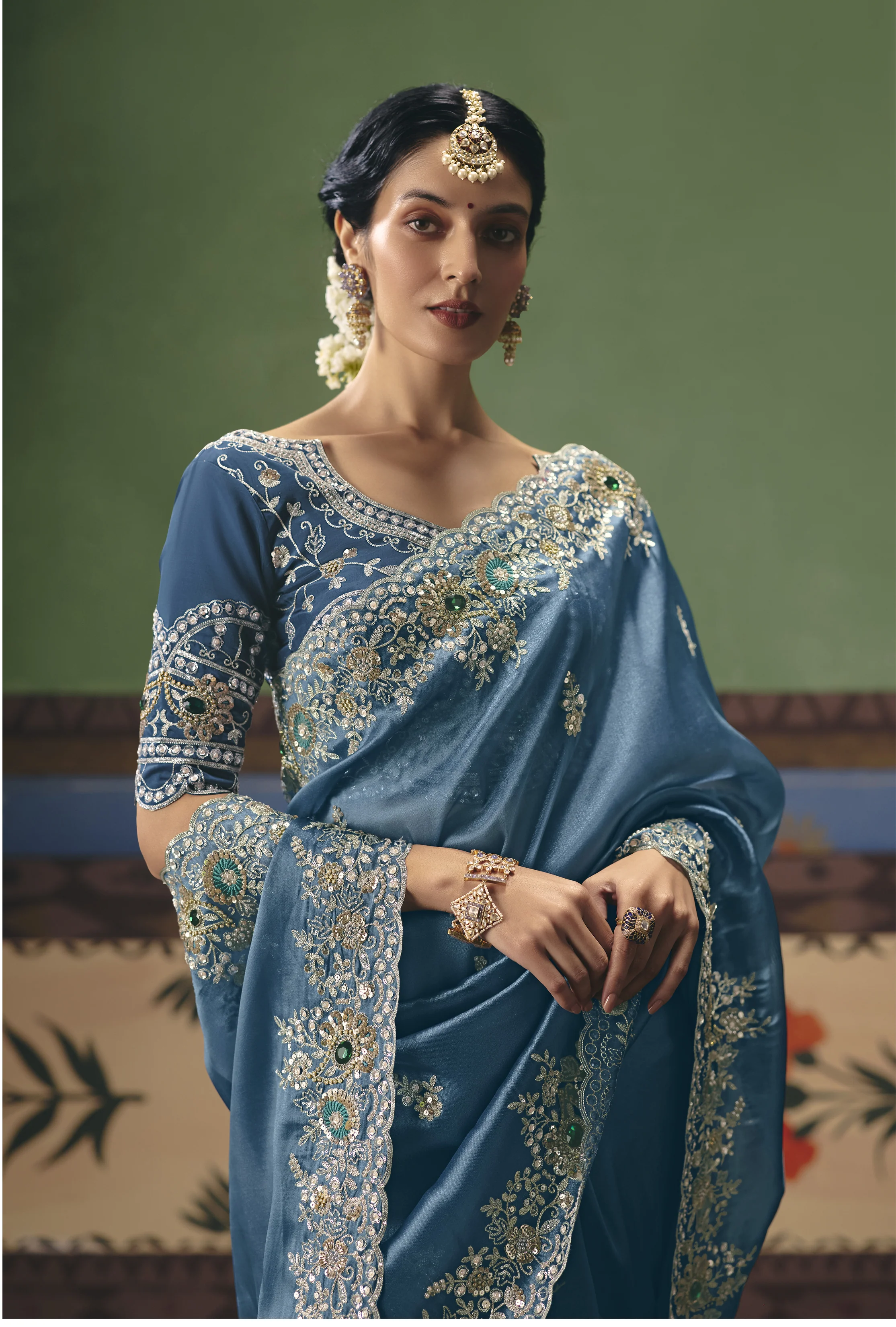 Dusty Blue Designer Embroidered Saree with Blouse - Image 3