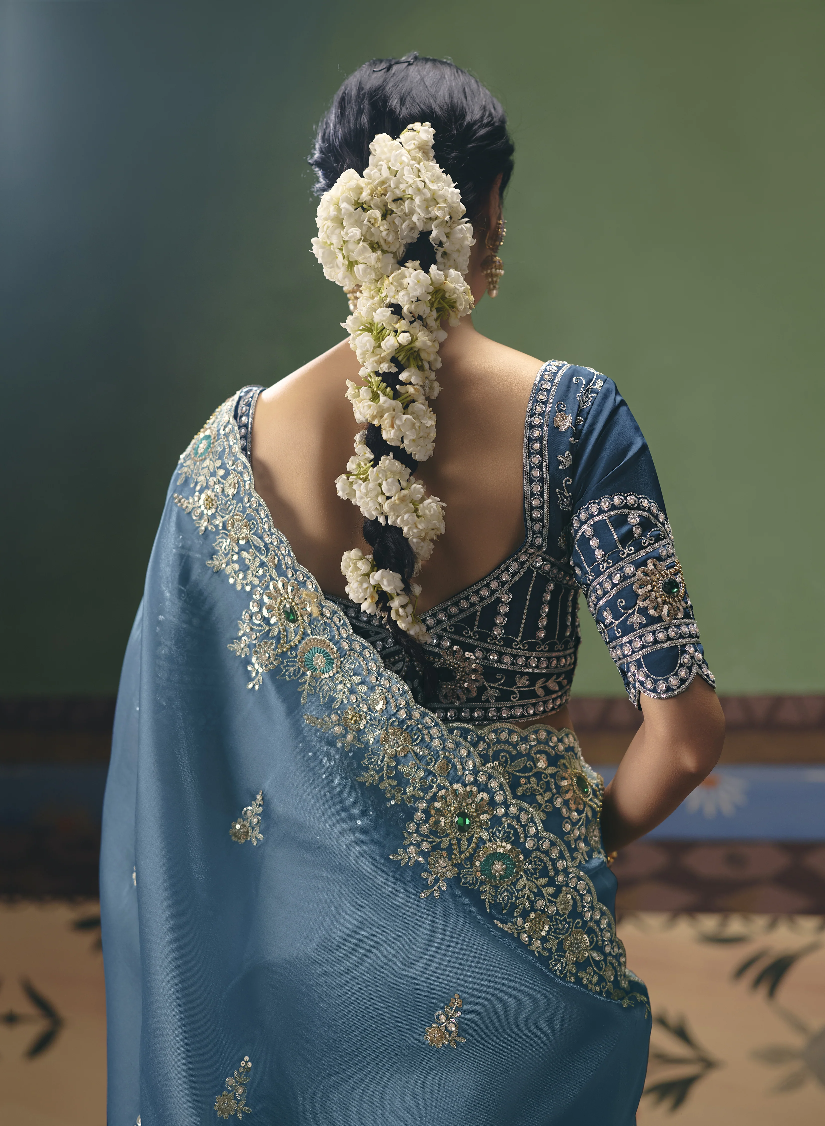 Dusty Blue Designer Embroidered Saree with Blouse - Image 4