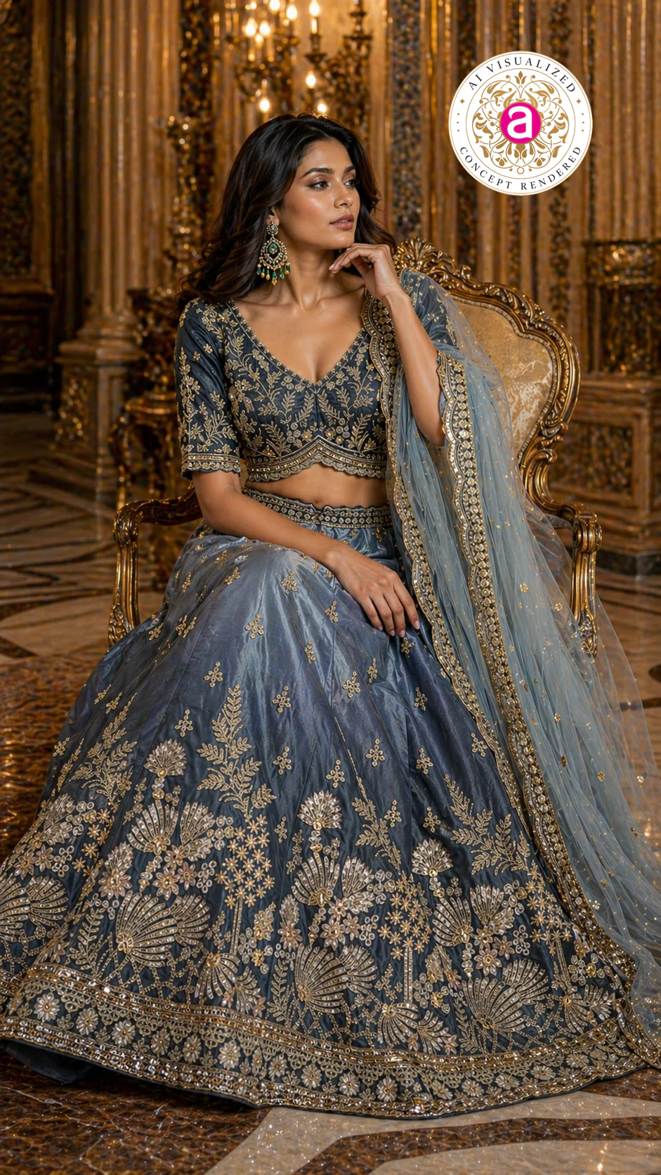 Dusty Blue Designer Lehenga Set with Gold Embroidered Blouse and Net Dupatta - Image 2