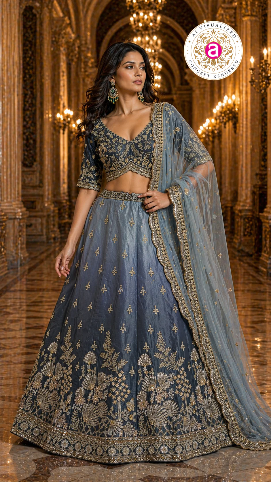 Dusty Blue Designer Lehenga Set with Gold Embroidered Blouse and Net Dupatta - Image 3
