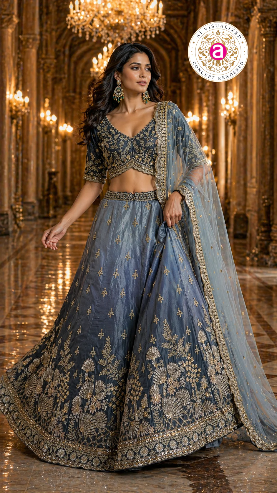 Dusty Blue Designer Lehenga Set with Gold Embroidered Blouse and Net Dupatta - Image 4