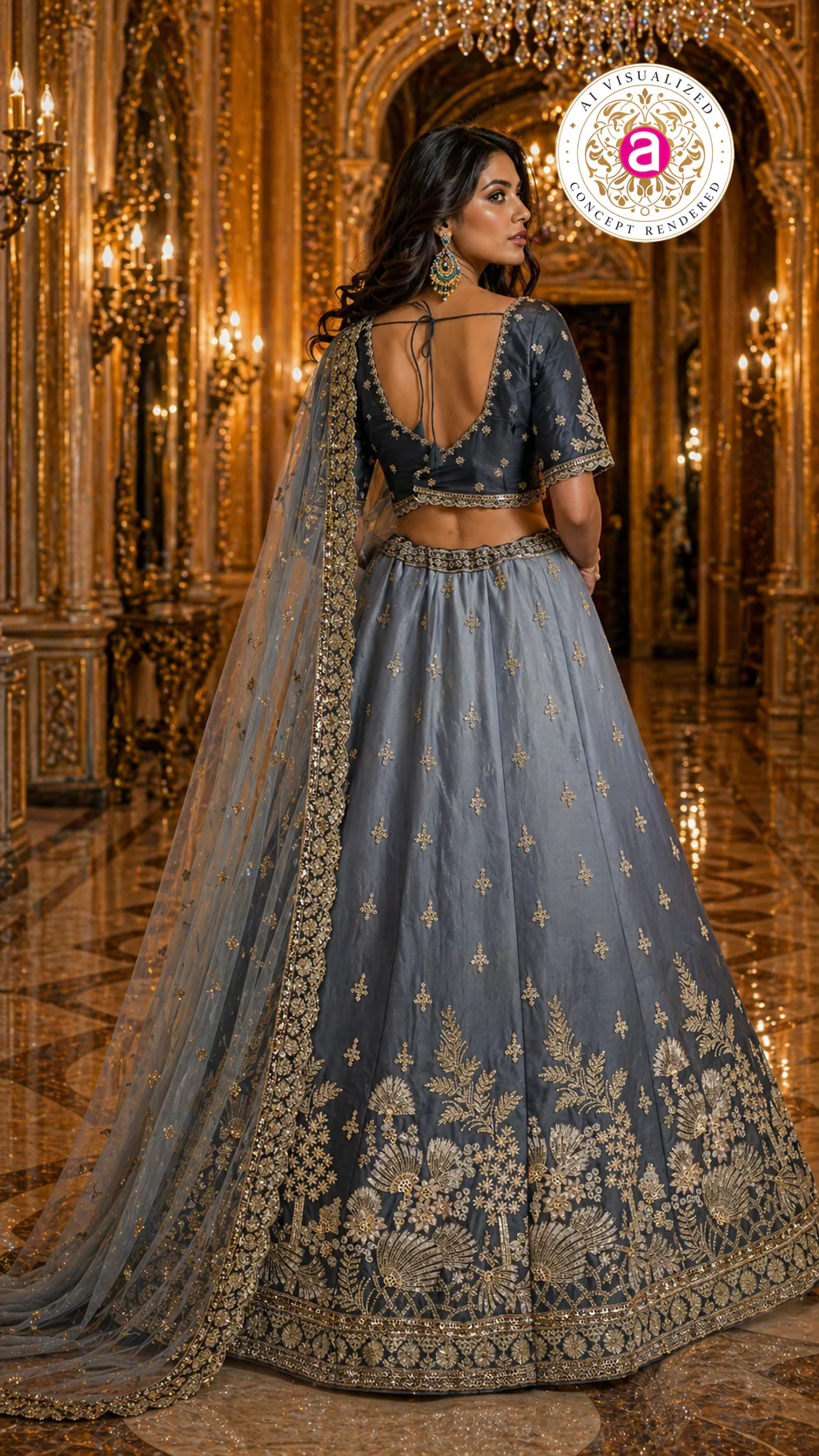 Dusty Blue Designer Lehenga Set with Gold Embroidered Blouse and Net Dupatta - Image 5