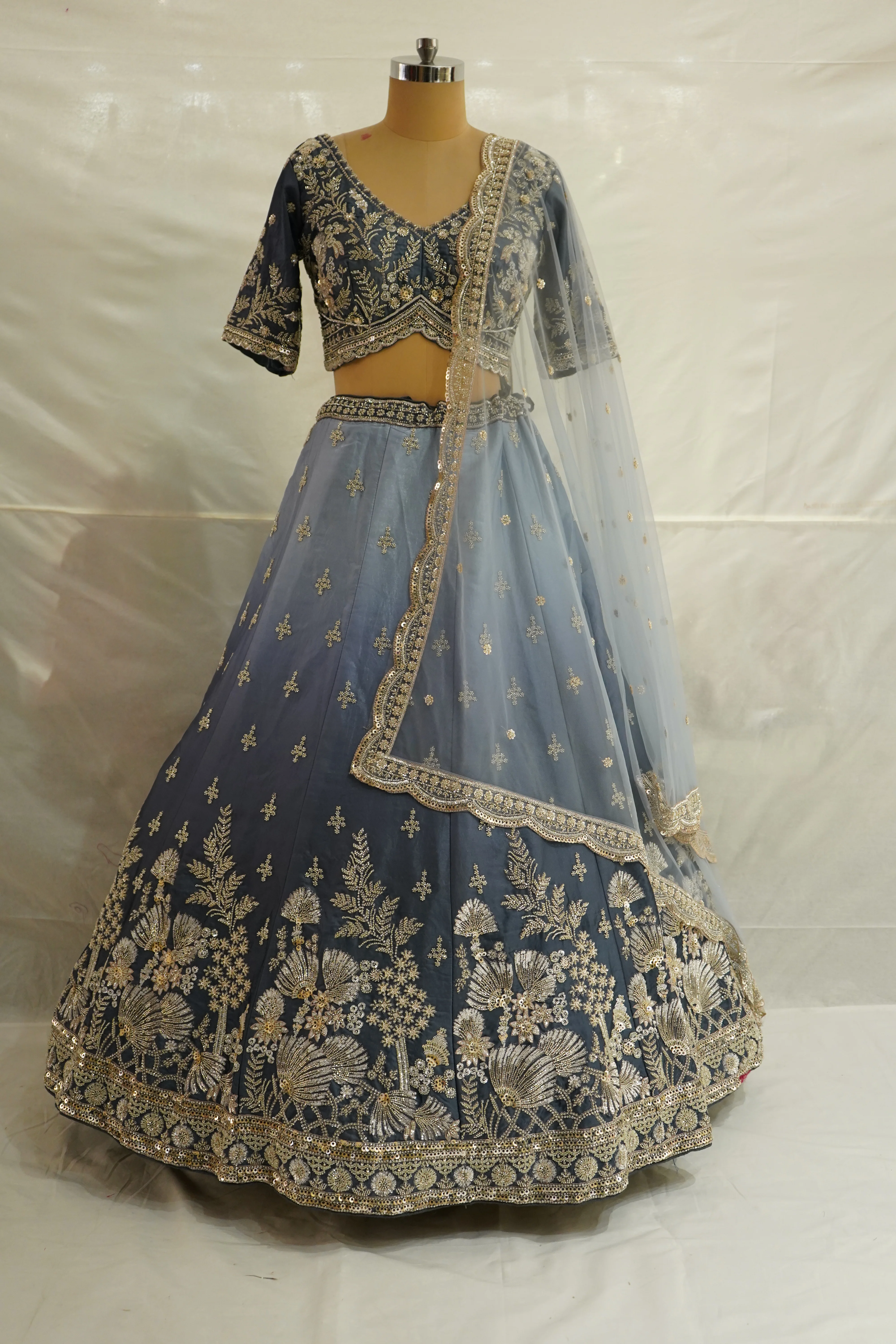 Dusty Blue Designer Lehenga Set with Gold Embroidered Blouse and Net Dupatta - Image 6