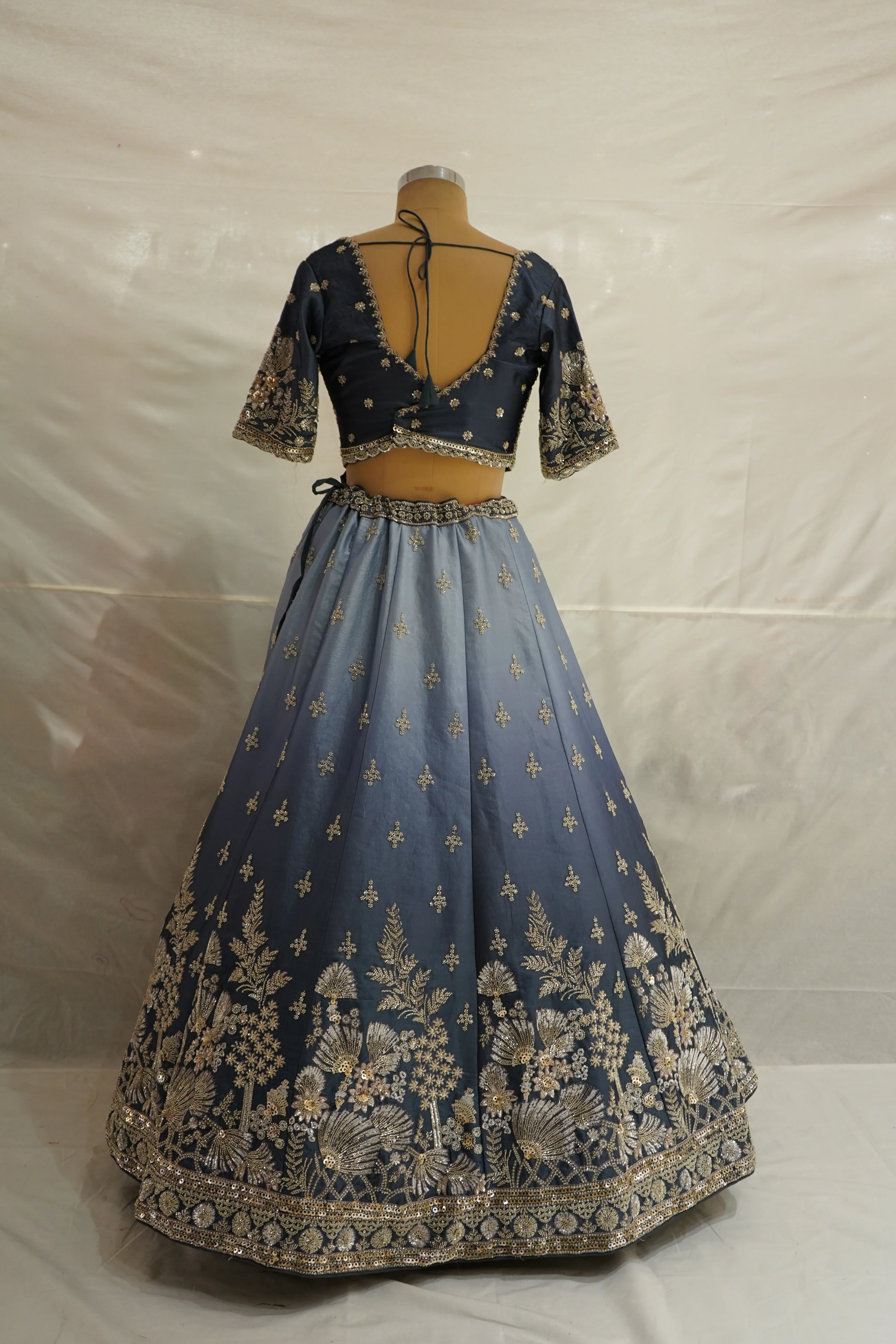 Dusty Blue Designer Lehenga Set with Gold Embroidered Blouse and Net Dupatta - Image 7