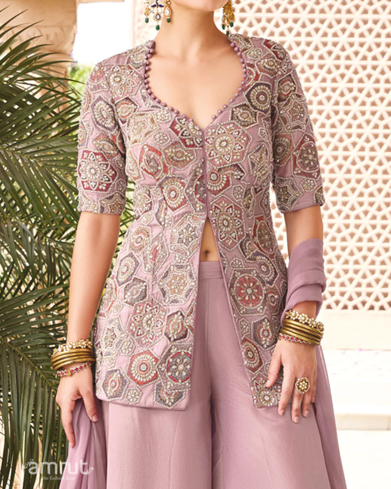 Dusty Lavender Printed with Cut Dana and Sequin Embellished Palazzo Suit - Image 3