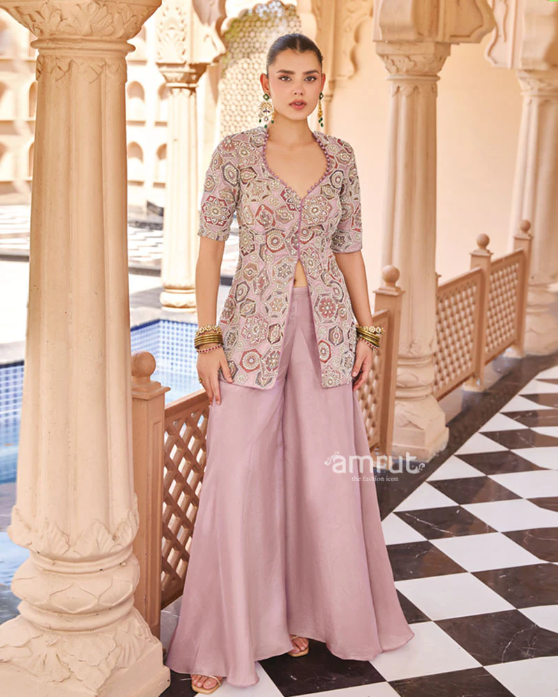 Dusty Lavender Printed with Cut Dana and Sequin Embellished Palazzo Suit - Image 4